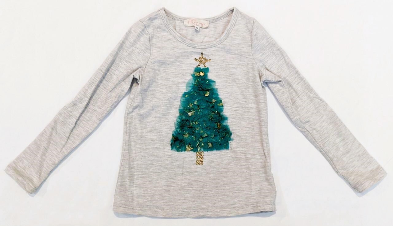 Truly Me Girls 3T Christmas Tree Detail Long Sleeve Gray Graphic Tee Shirt