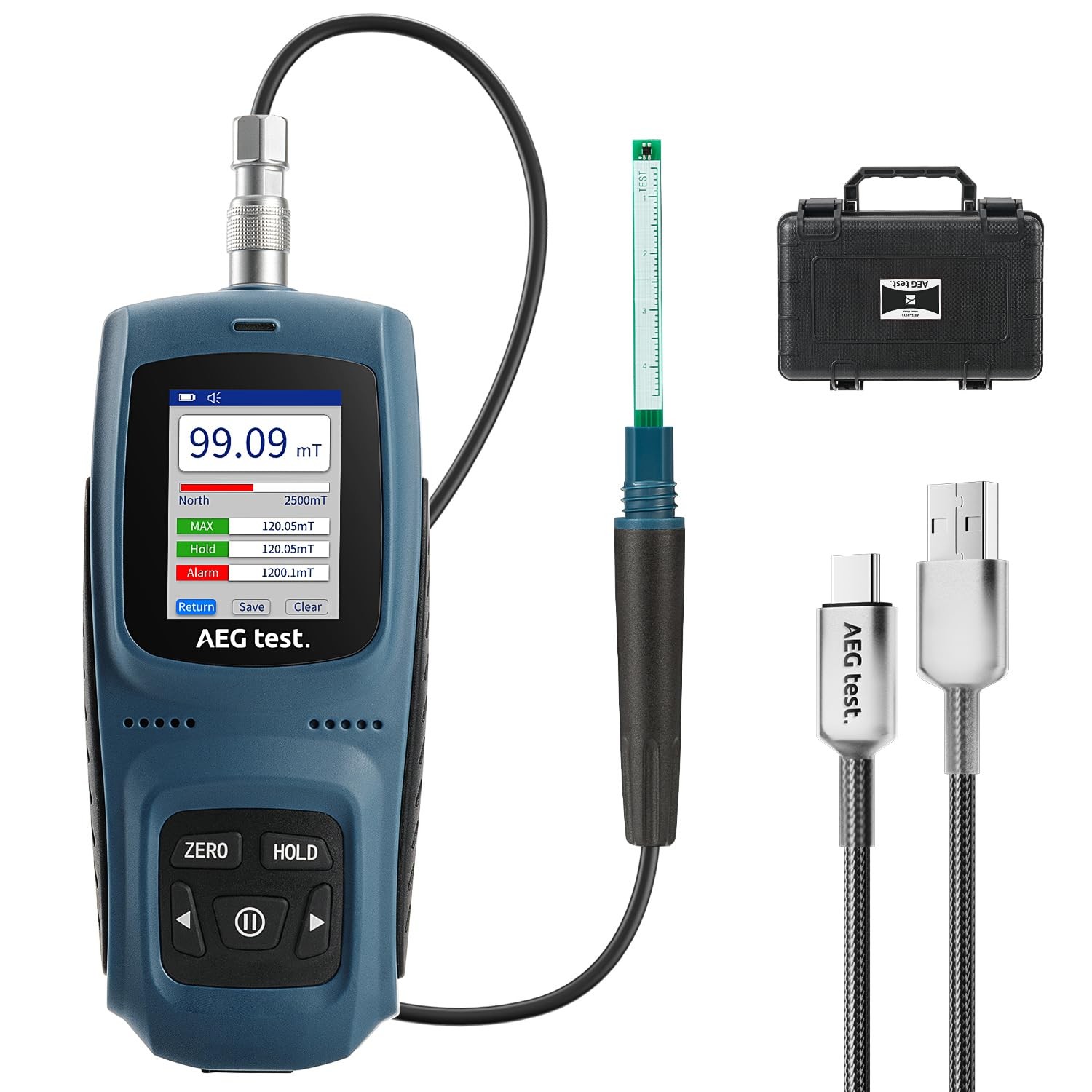 Gauss Meter Rechargeable Tesla Meter 0-2500mT Transverse Probe Magnetometer