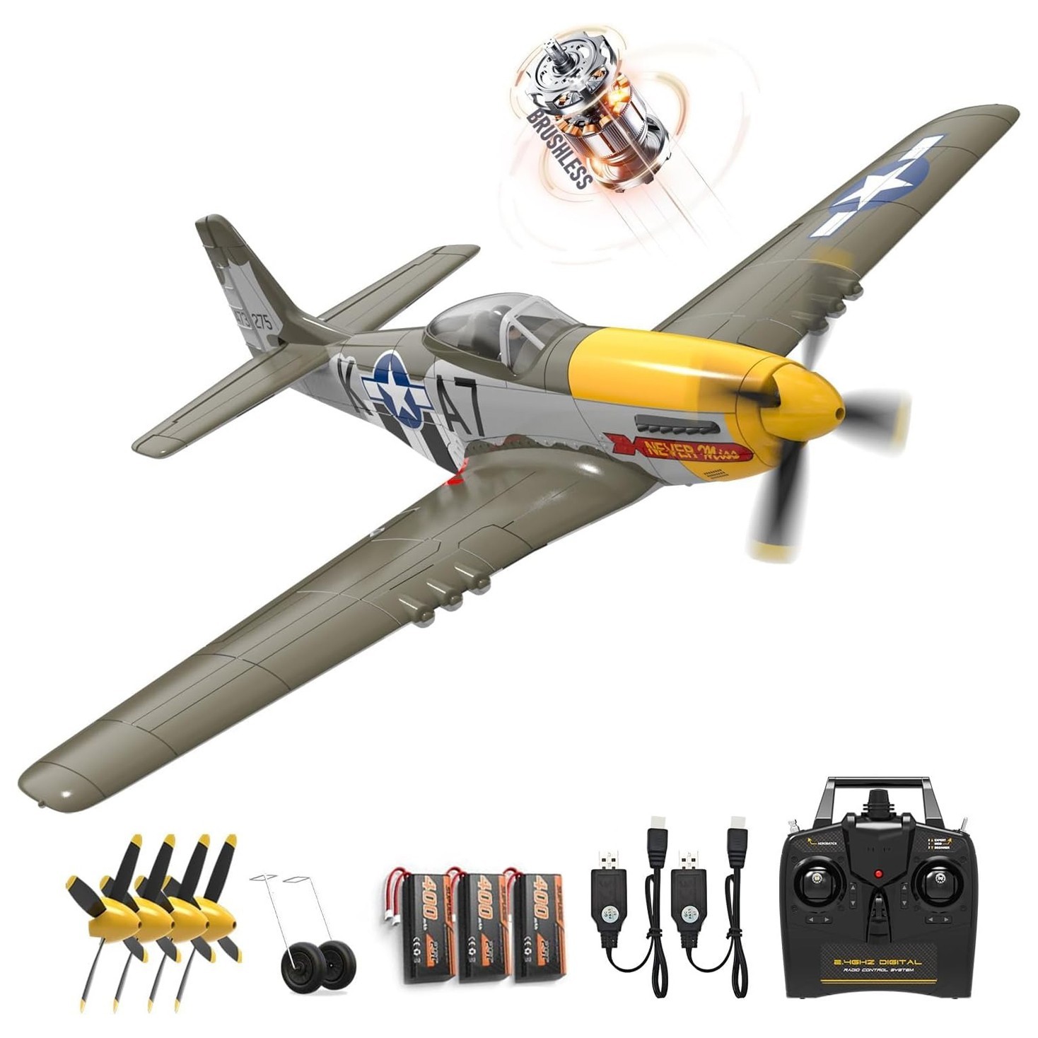 VOLANTEXRC Brushless P51 Mustang 4 Channel RC Plane with 3B,  One-Key Aerobatic