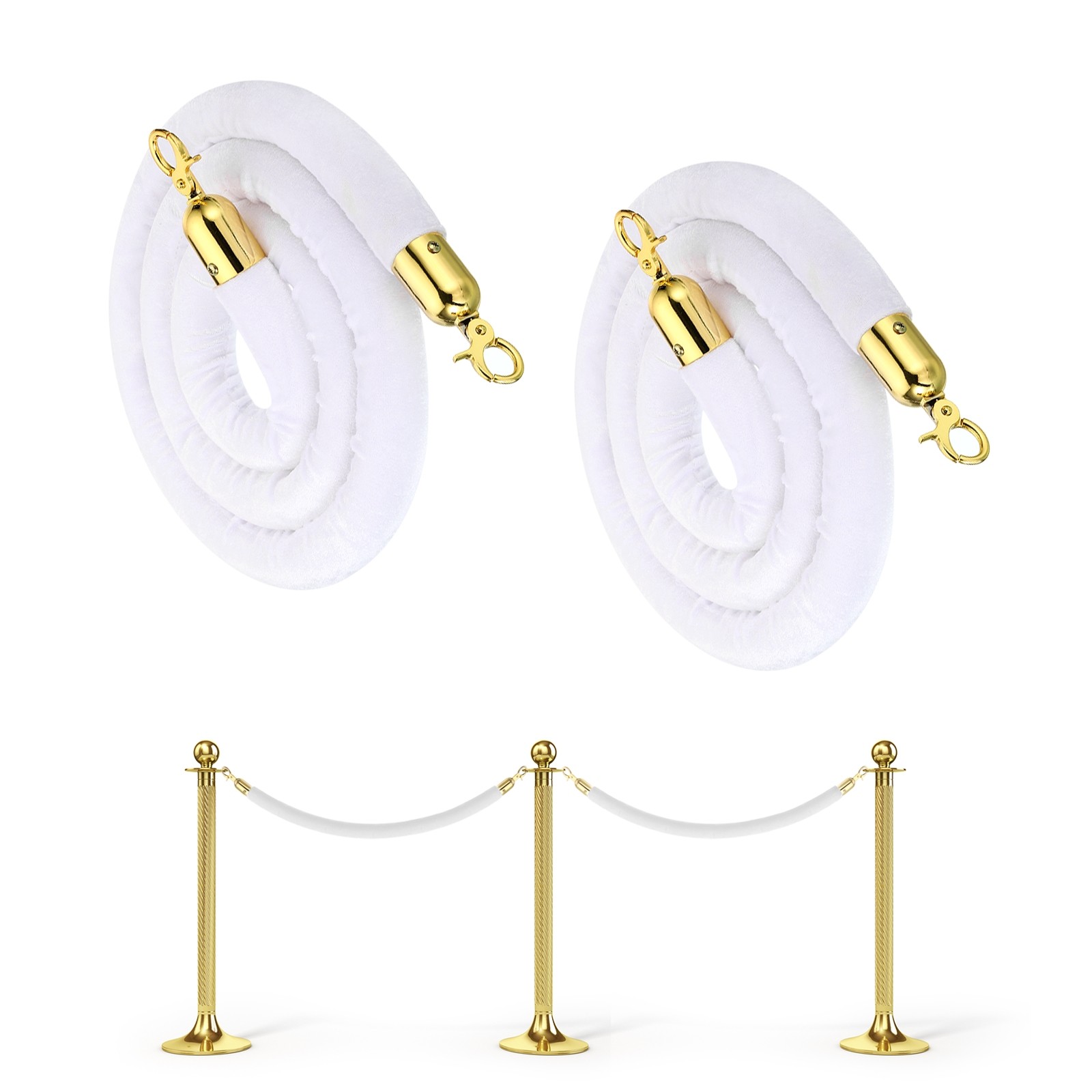 2Pcs 6 Feet White Velvet Stanchion Rope Crowd Control Barrier Rope Golden
