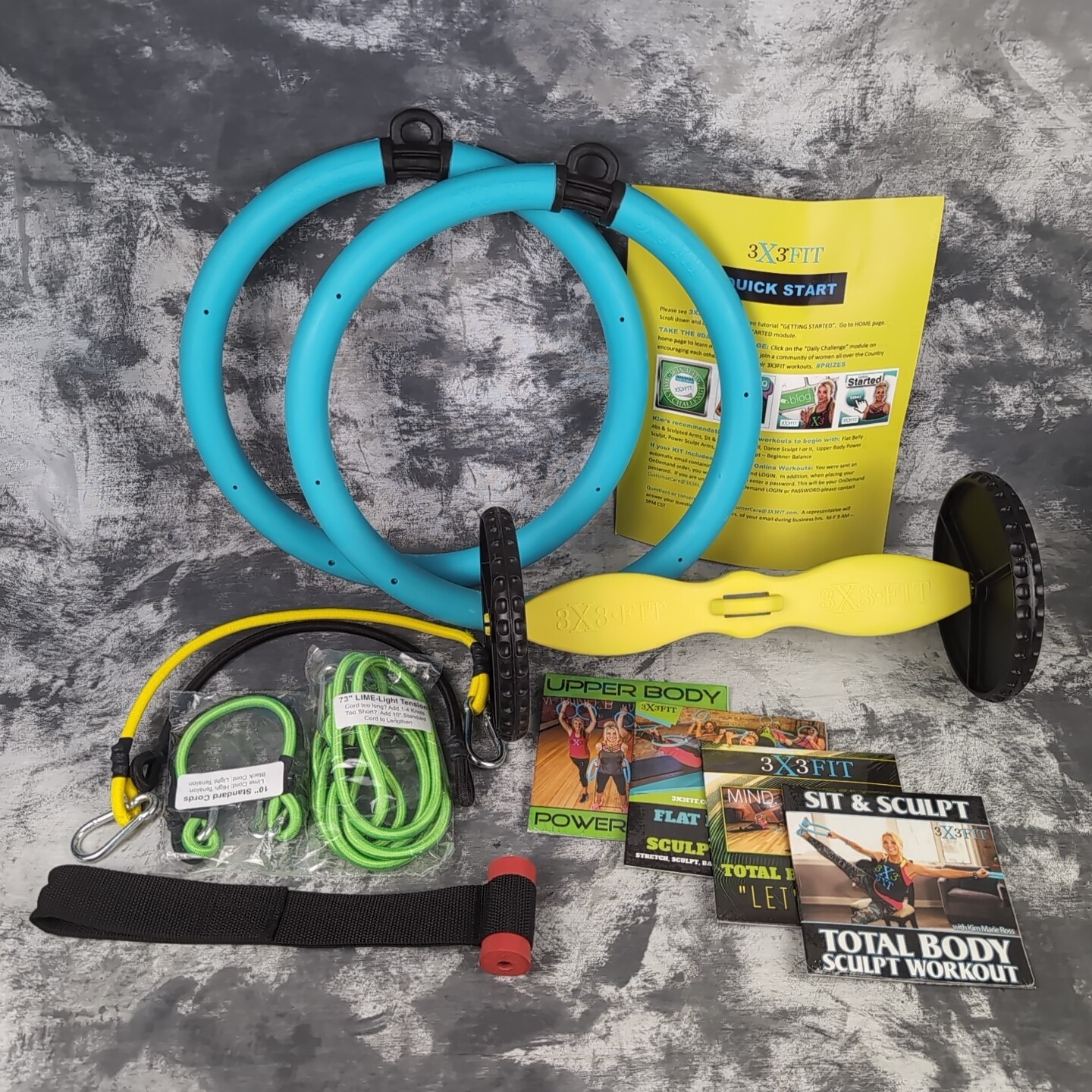 3x3 FIT Fitness Rings 1.5LB + 5 Tension Cords Clips + 4 DVDs + Body Roller