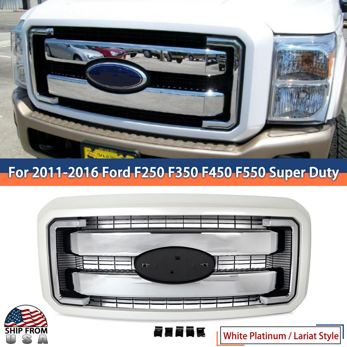White Platinum Shell For 2011-16 Ford F250 F350 Super Duty Front Grill Assembly