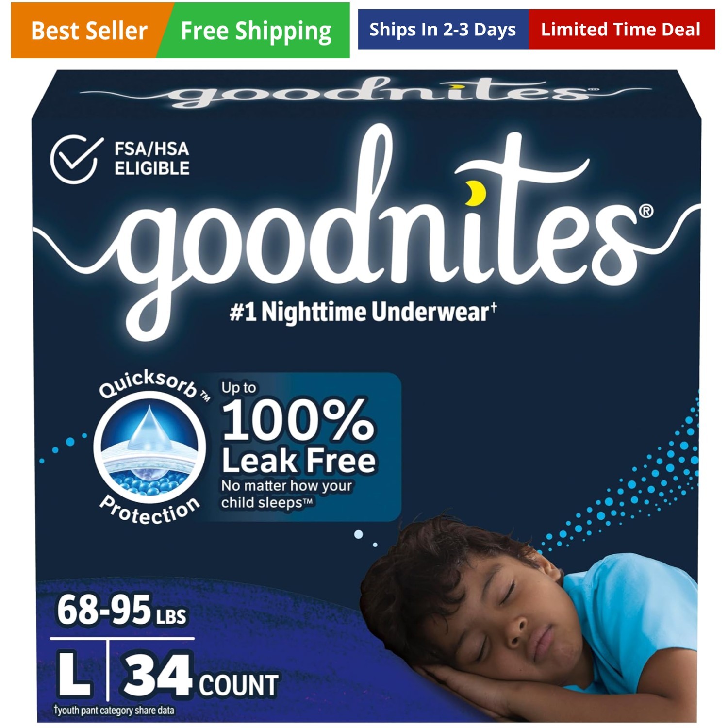 Boys' Nighttime Bedwetting Underwear, Size Large 68-95 lbs, 34 Ct 2 Packs of ...