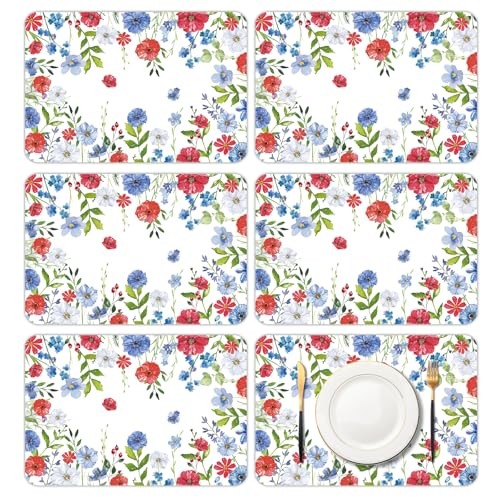 6 Pcs 4th of July Floral Plastic Placemats, 11x16 Inch patriotic flower