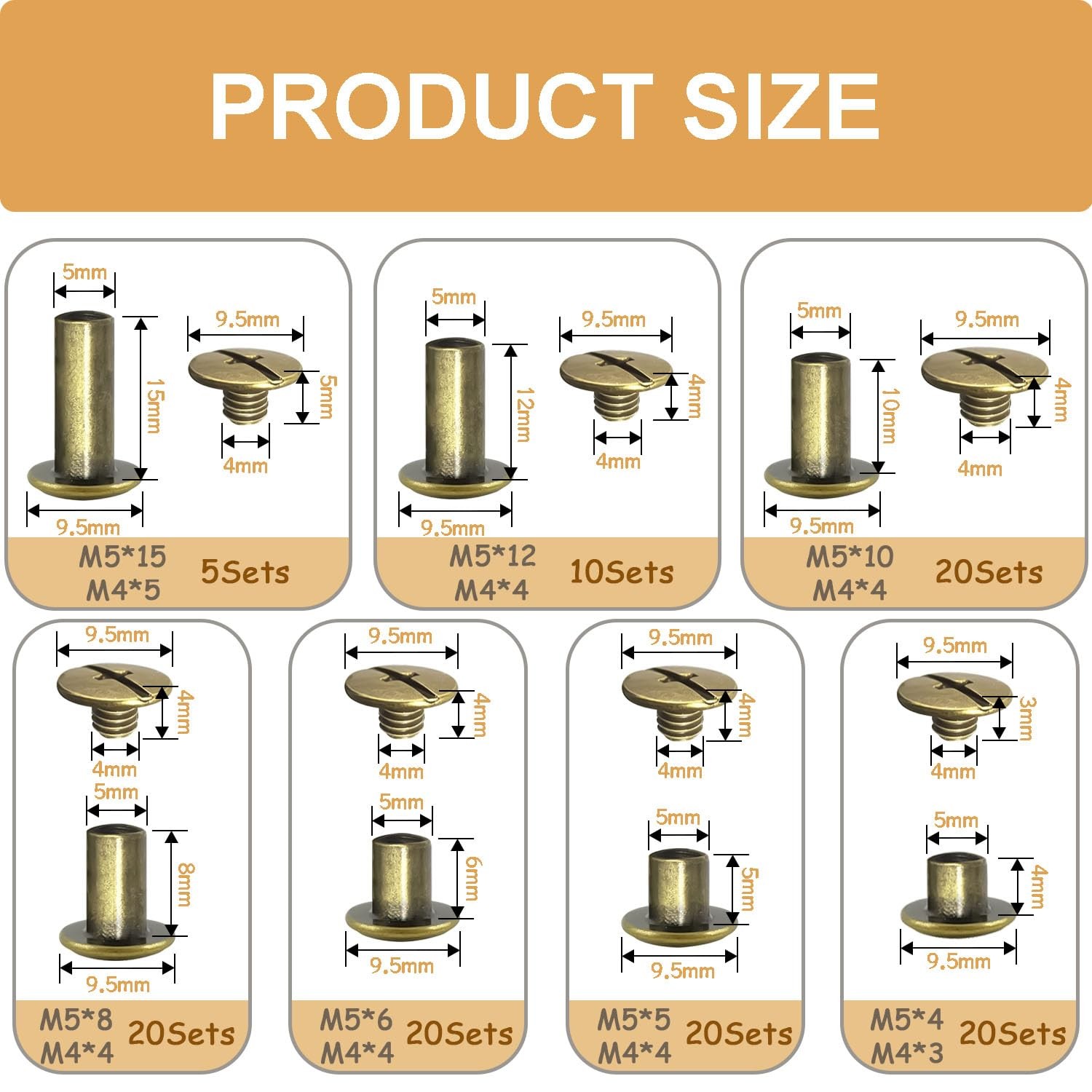 115 Sets Bronze Brass Chicago Screws for Leather Rivet Kit M5 Assorted Sizes