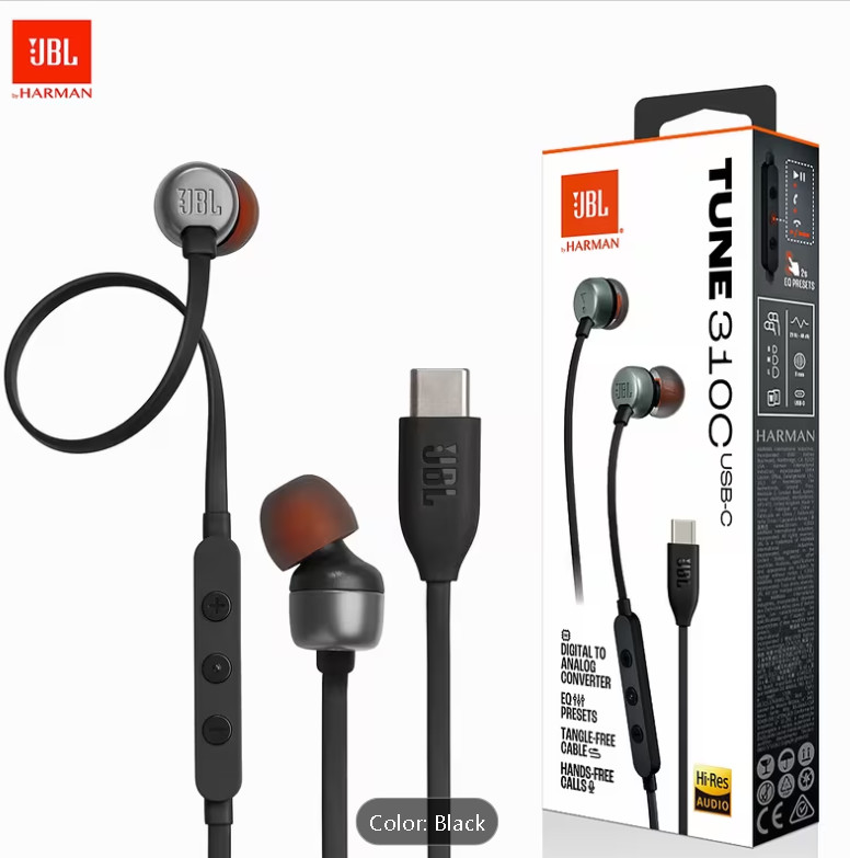 JBL Tune 310C USB-C Wired Earbuds Black T310C w/Mic Remote Bass