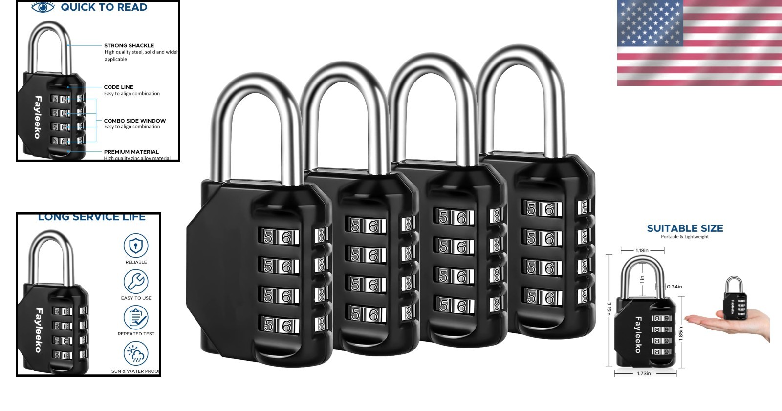 Multi-Use Resettable Combination Locks - Black Finish 4 Pack