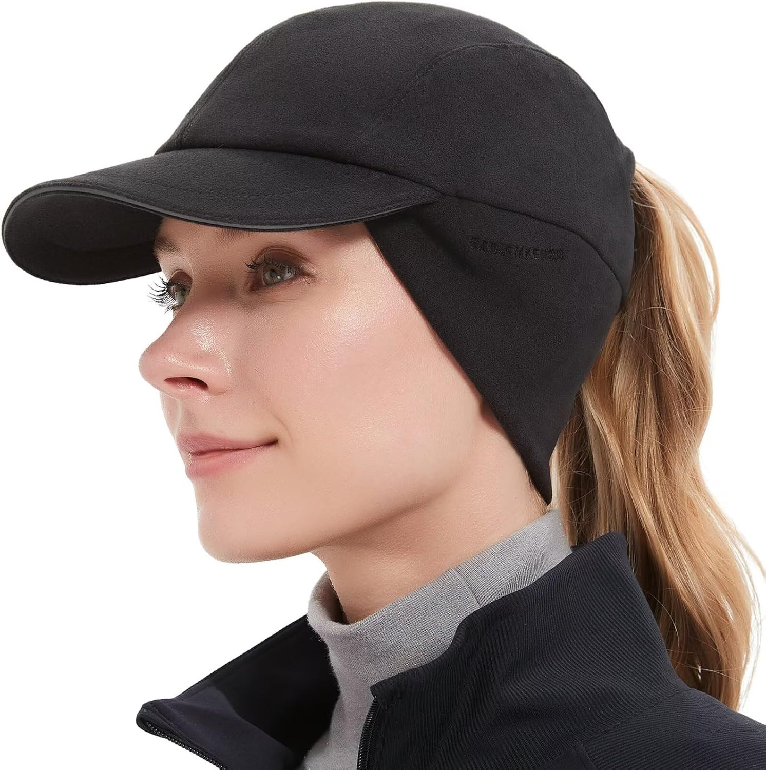 Women's Reflective Fleece Winter Hat with Ear Warmer for Ponytails