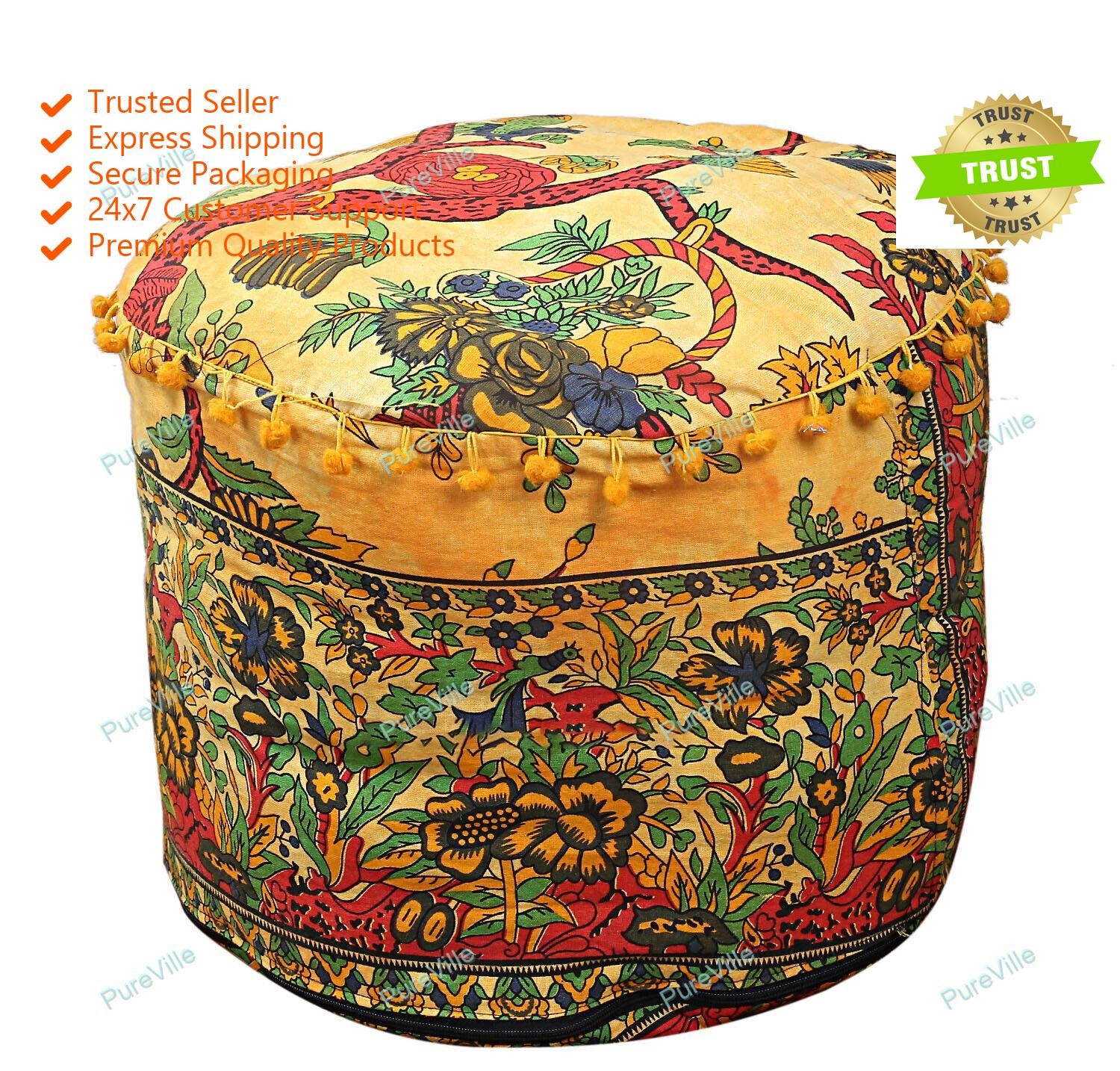 New Indian Ottoman Multicolor Round Mandala 22" Inch Pouf For Home Decor Pouf
