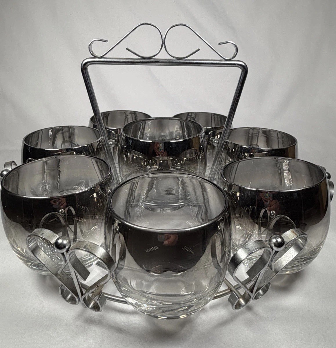 Lot Dorothy Thorpe 8 Low Ball Roly Poly Glass Barware Silver Fade & Caddy MCM