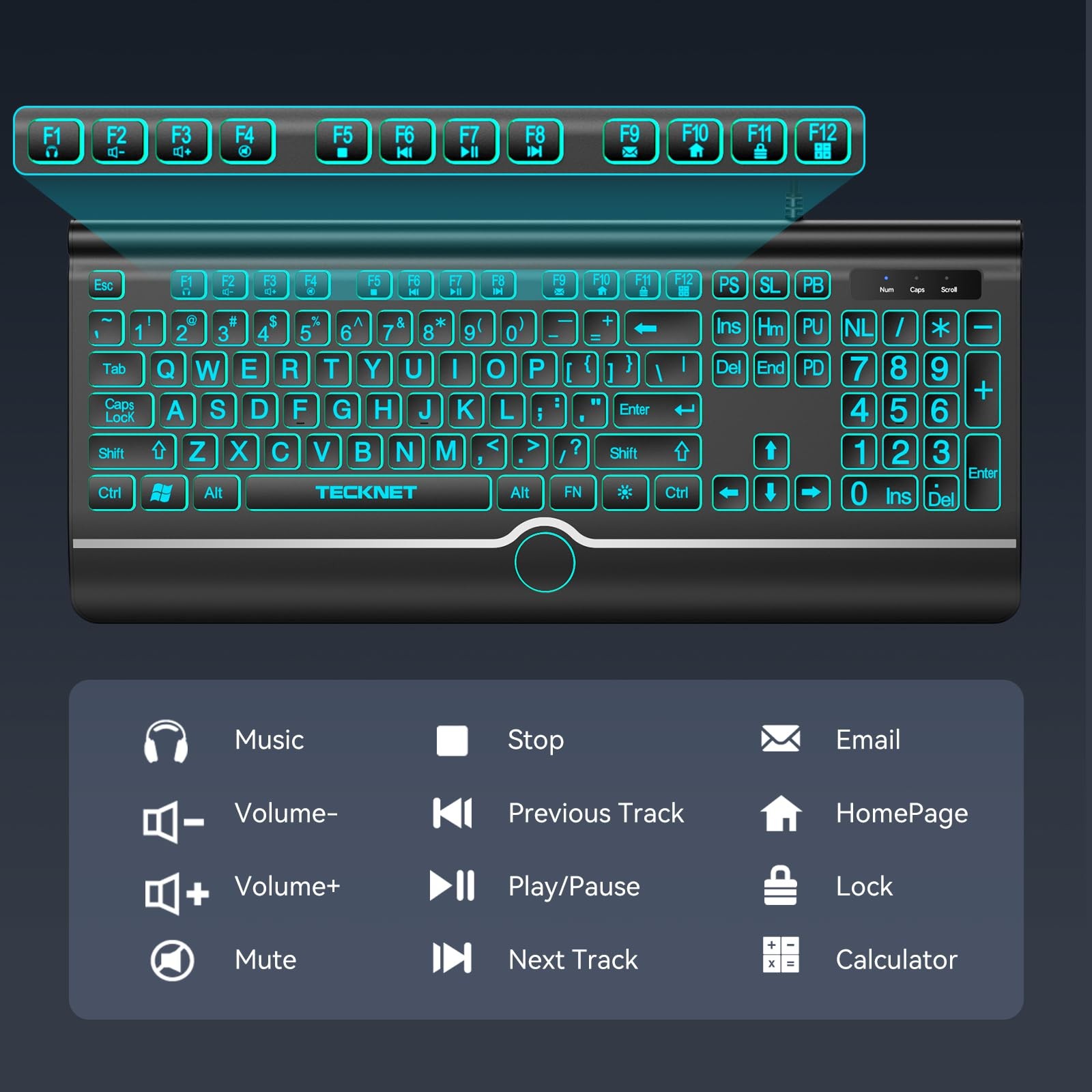 TECKNET Large Print Backlit Keyboard, Wired USB-A Computer Keyboard with Wris...