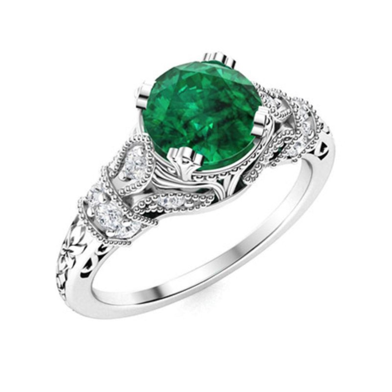 933 Sterling Silver 5MM Round Shape Emerald Solitaire with Accents Wedding Ring
