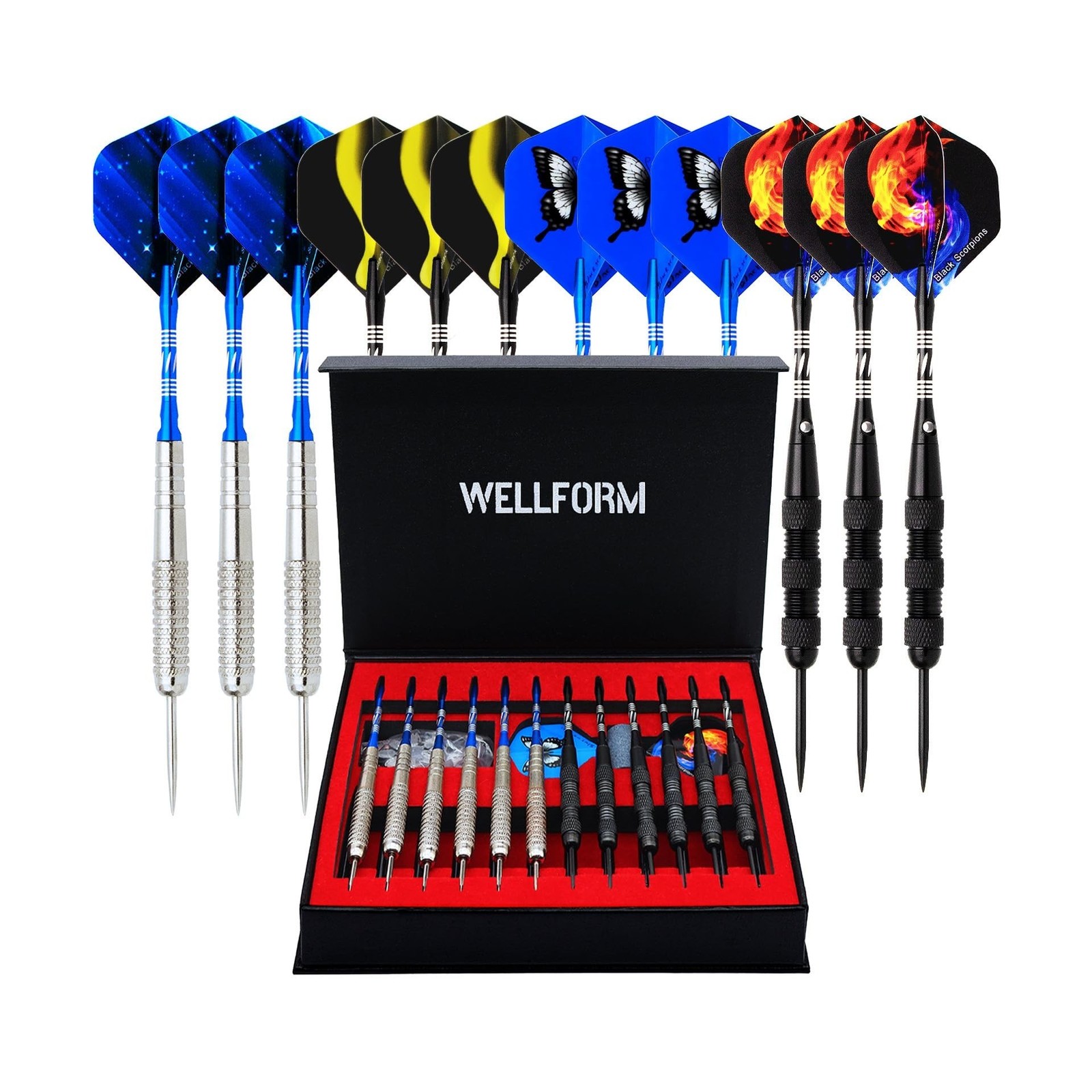 Professional Steel Tip Darts Set w/ Aluminum Dart Shafts, Flights, and Sharpener