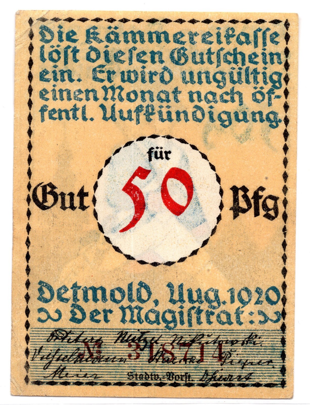 1920 Germany Detmold Notgeld 50 Pfennig Note (3991)