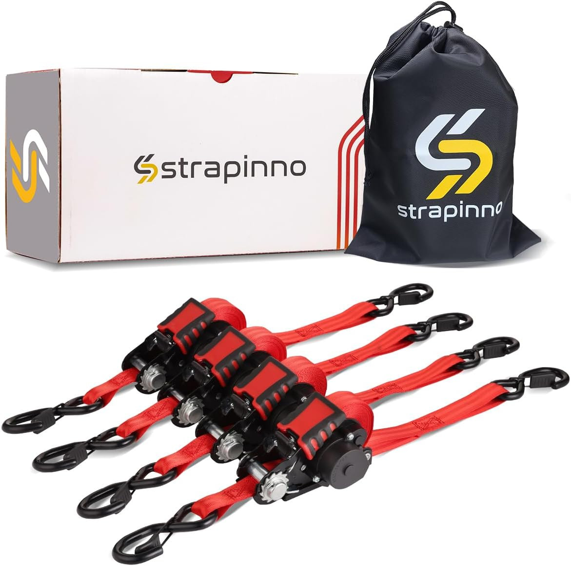 Heavy Duty Retractable Ratchet Straps 1"x12' 1800lbs - 4 Pack