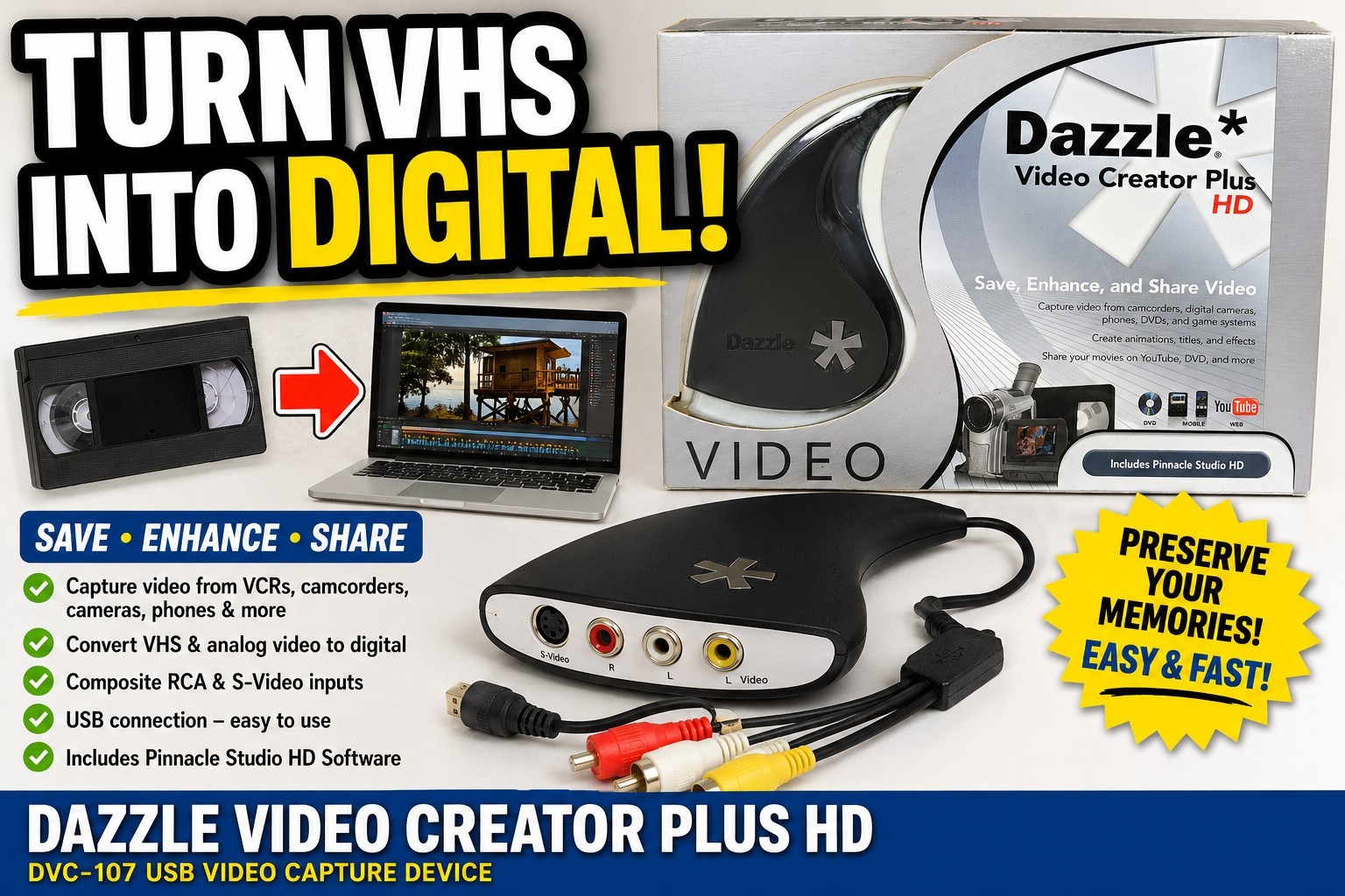 Dazzle Video Creator Plus HD DVC-107 USB Video Capture Device Open Box