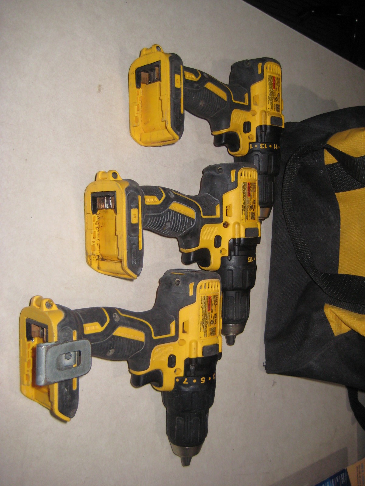 Lot of 3 DEWALT 20V Brushless Cordless Drills model DCD777 & bag