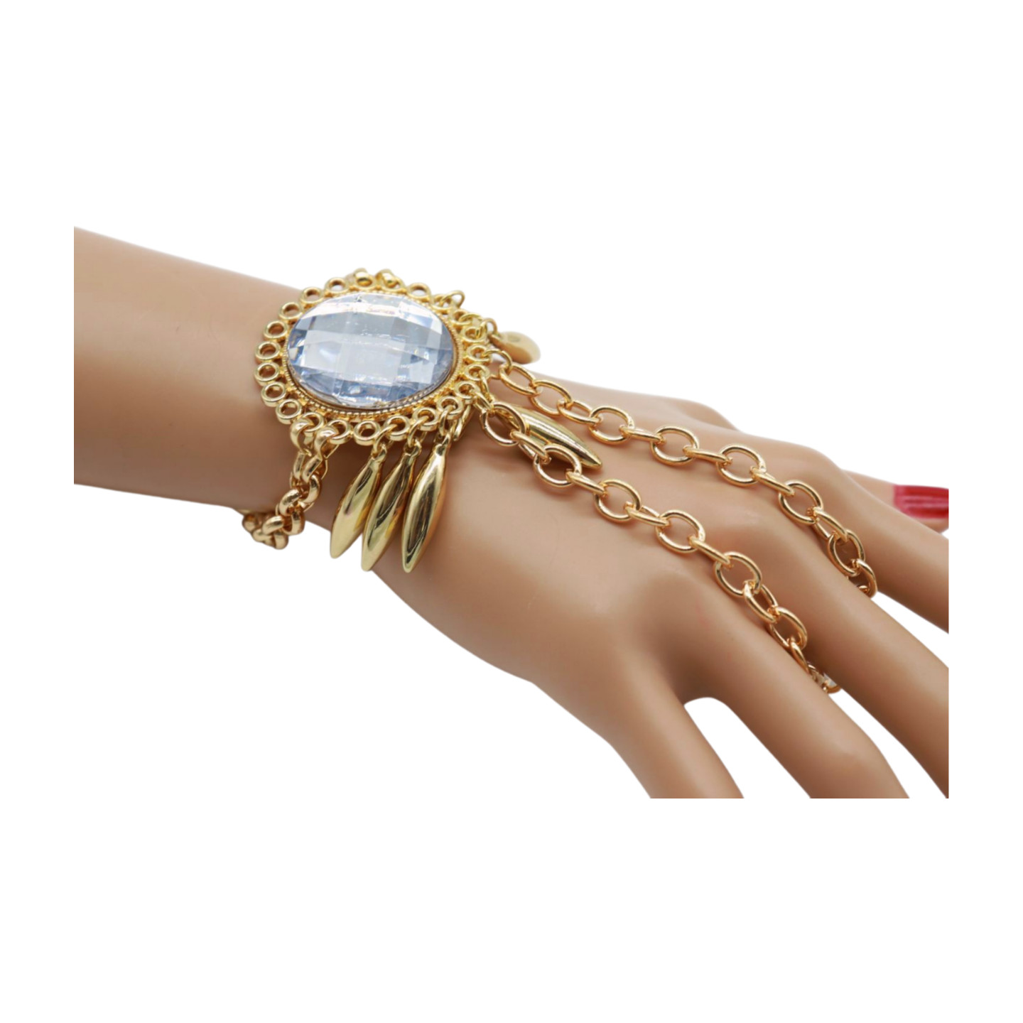 Women Gold Metal Hand Chain Sun Flower Bracelet Connected Ring Adjustable Size
