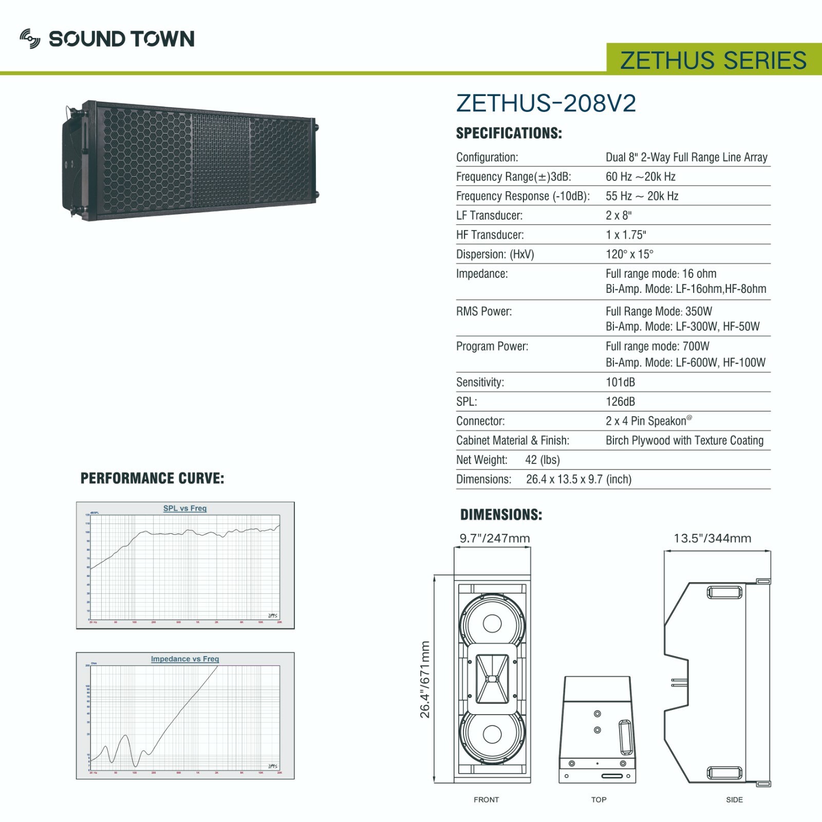 Sound Town 2 x 8” Line Array Speaker Full Range/Bi-amp Switchable ZETHUS-208BV2
