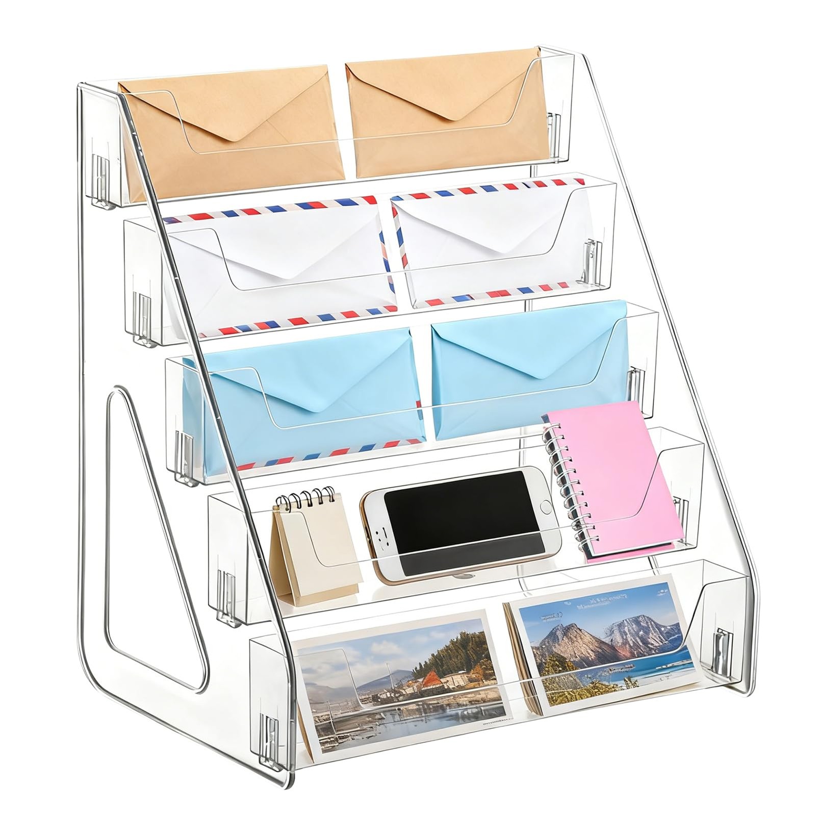 5-Tier Mail Organizer Countertop Acrylic Mail Holder Clear Desk Organizer Des...