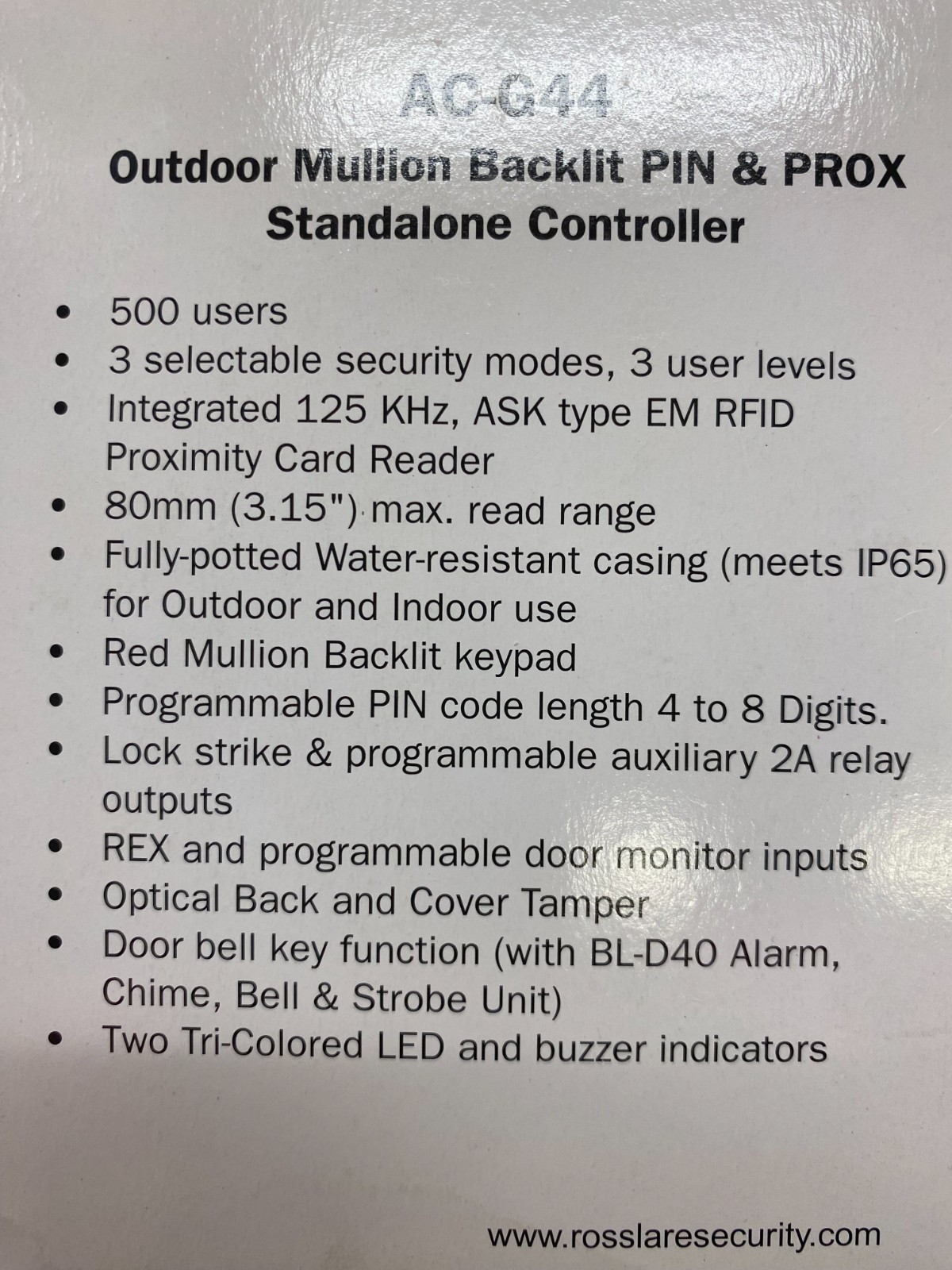 Rosslare AC-G44 Outdoor Backlit Standalone PIN & Proximity Controller 125Khz
