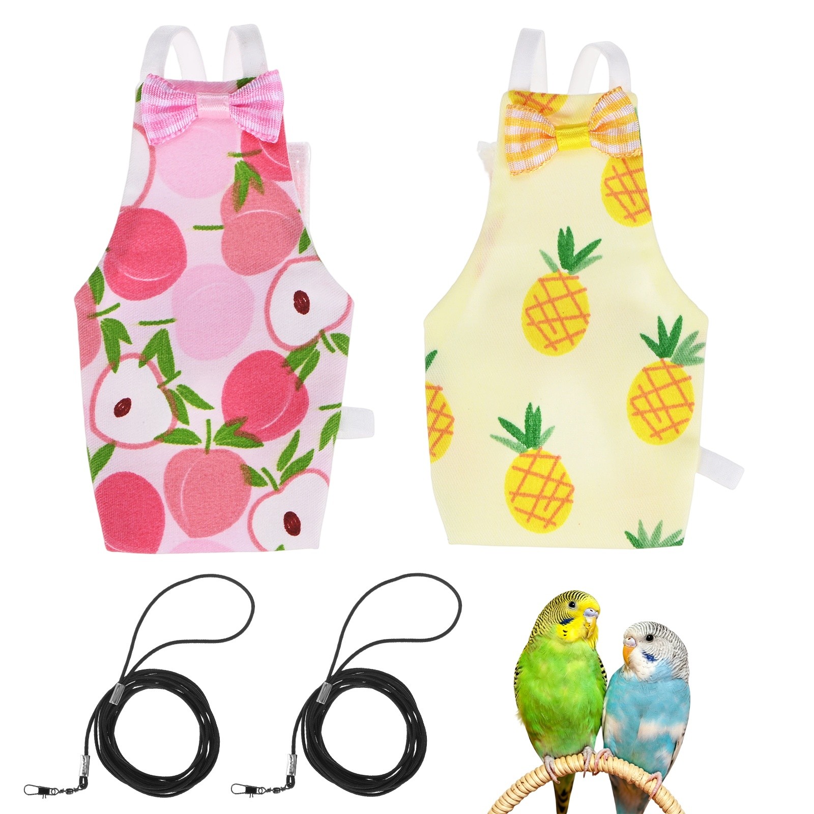 1-Set Bird Diapers with 6.6 ft Leash Reusable Pet Parrot Nappy [Yellow/Pink, M]