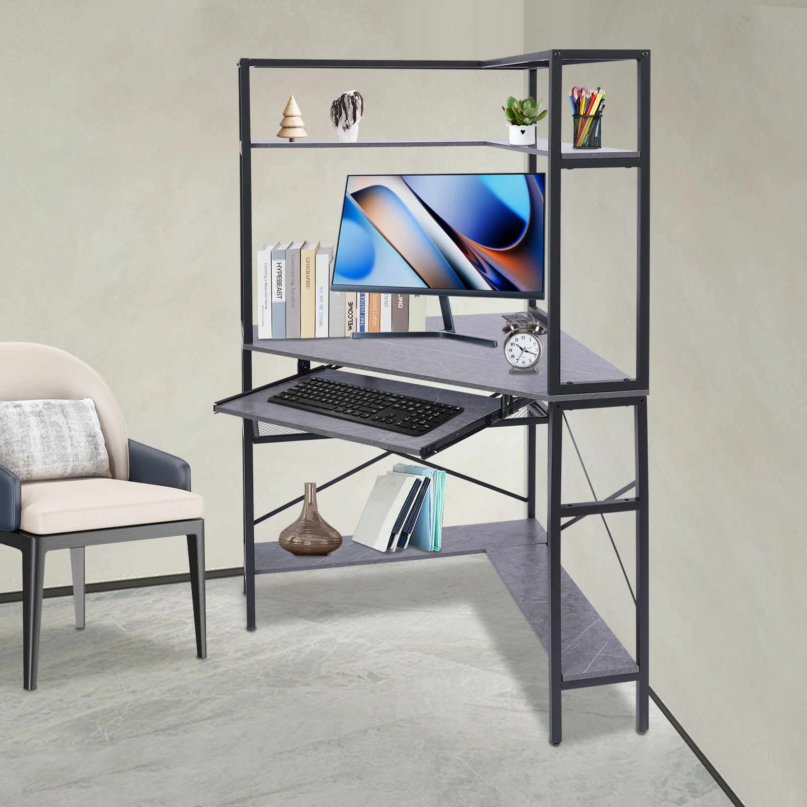 Triangular Computer Desk W/ Led Lights and Power Outlet, Home Office Corner Desk
