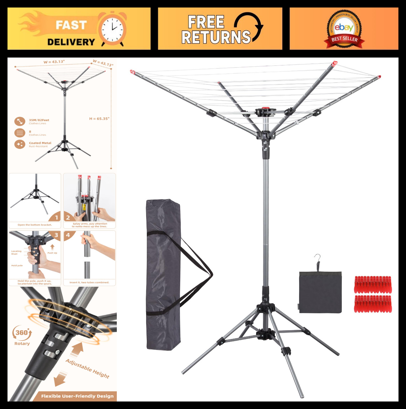 Portable Umbrella Clothes Drying Rack - 8 Lines, 82ft Drying Space, Adjustable H
