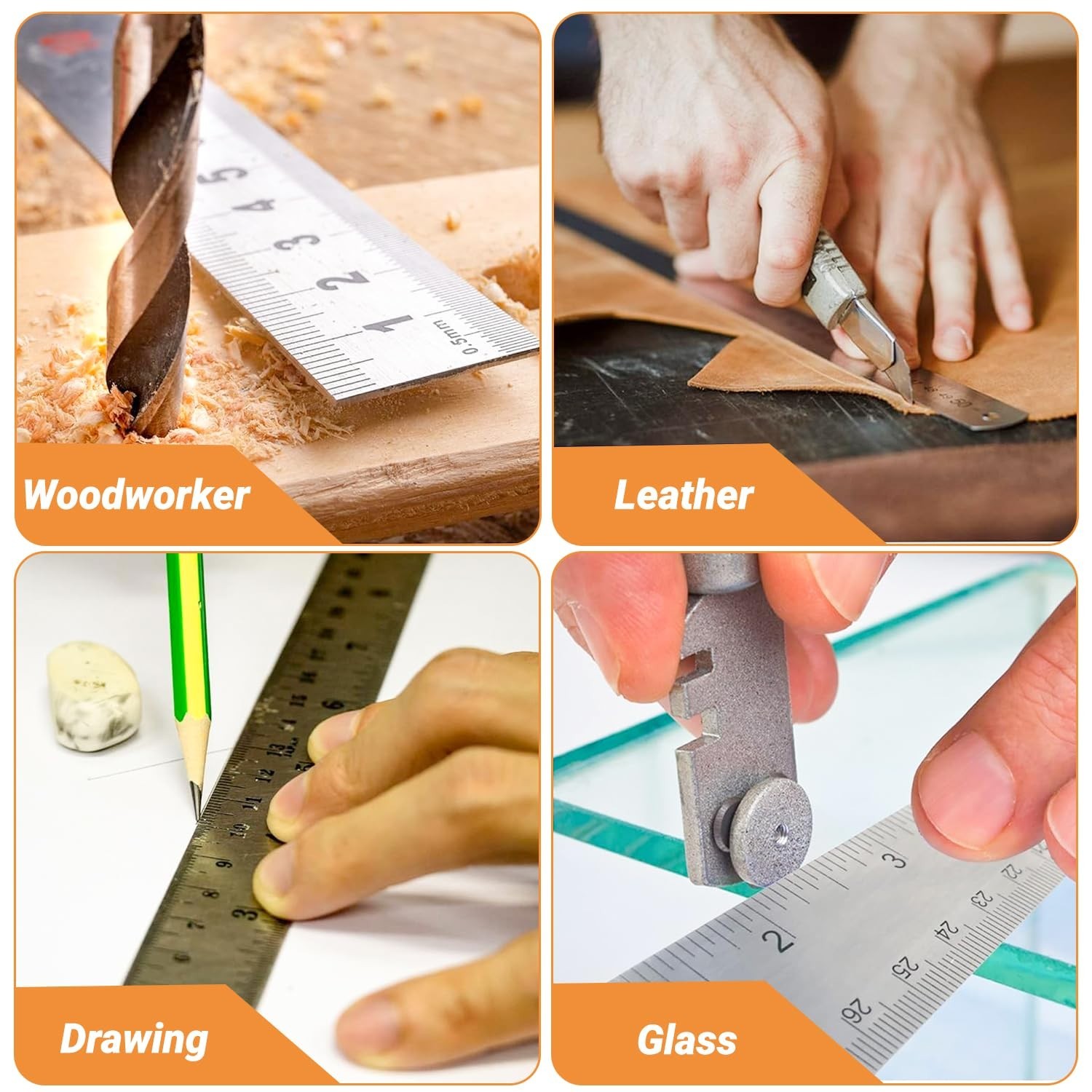 Stainless Steel Metal Ruler with Non-Slip Cork Back for Home Improvement, Planne