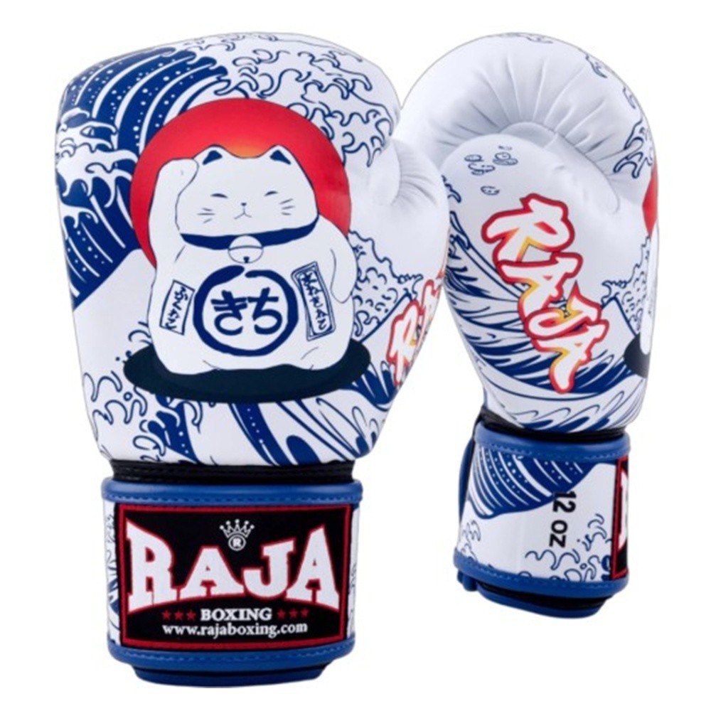 Raja Muay Thai Gloves Kickboxing Fancy Gloves # White Lucky Cat White Blue 16oz.