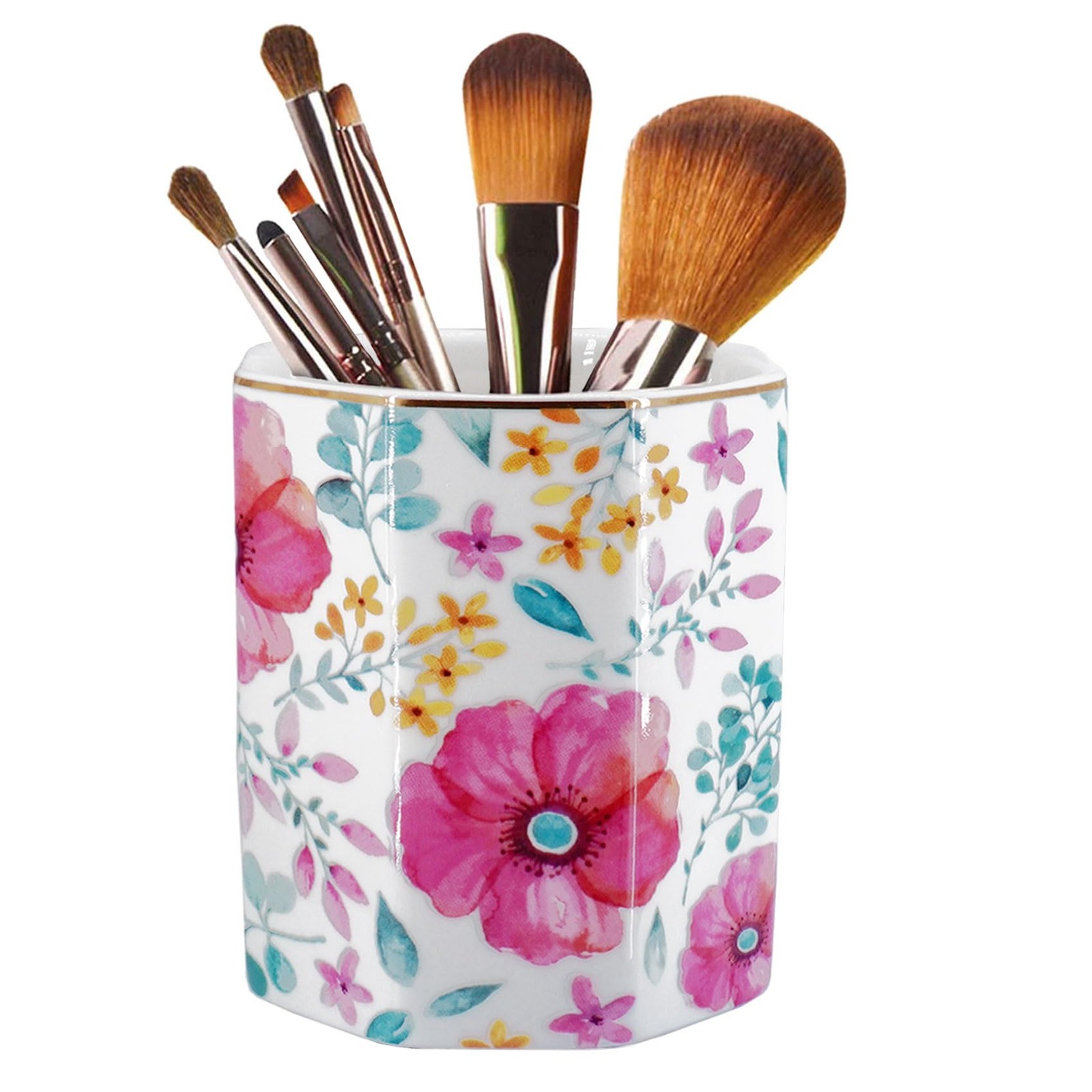 Pen Holder, Makeup Brush Holder Ceramic Shiny Gold Spring Floral Pattern Penc...