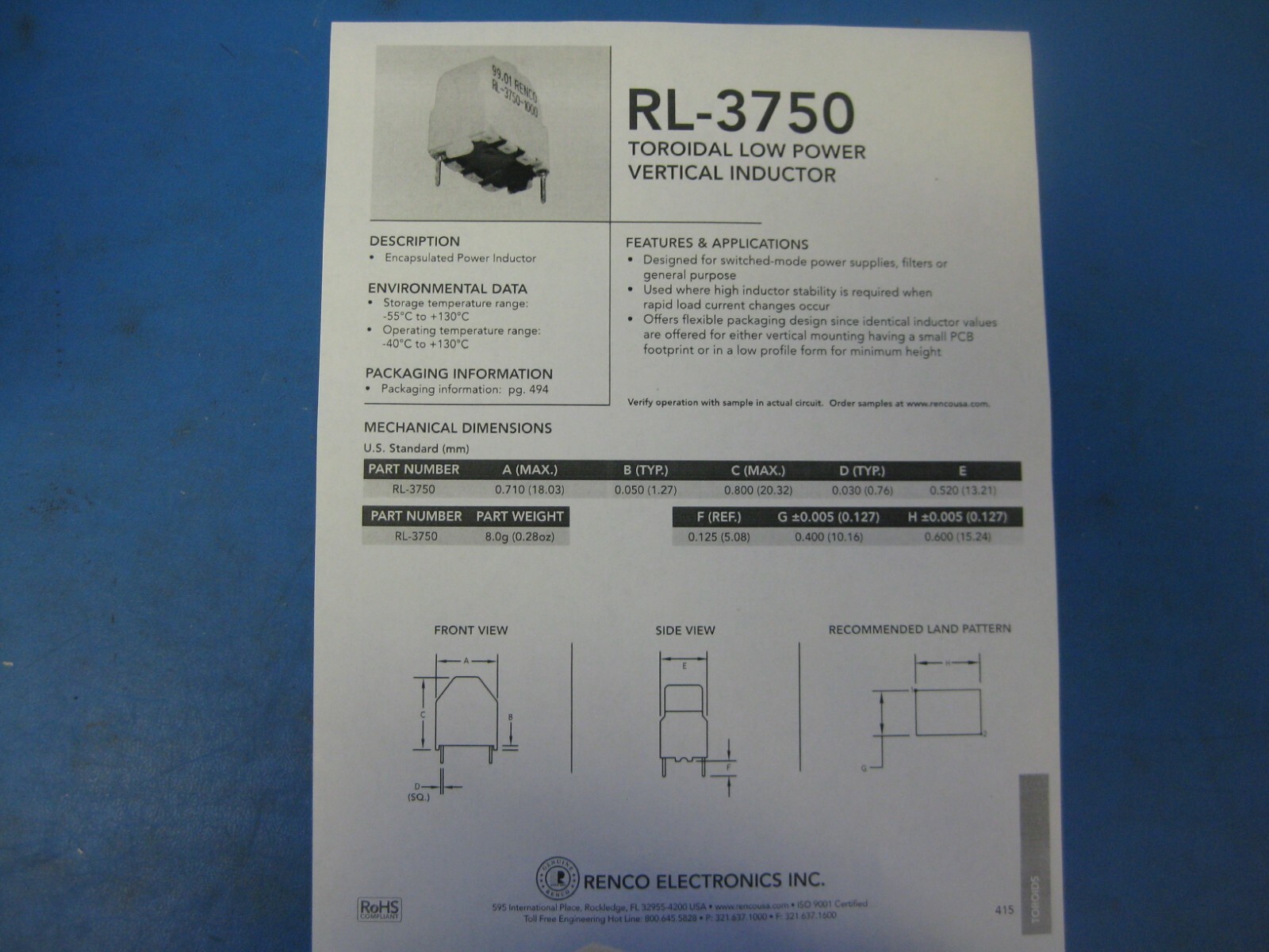RL-3750-150 150uH TOROIDAL LOW POWER VERTICAL INDUCTOR RENCO (LOT OF 2)