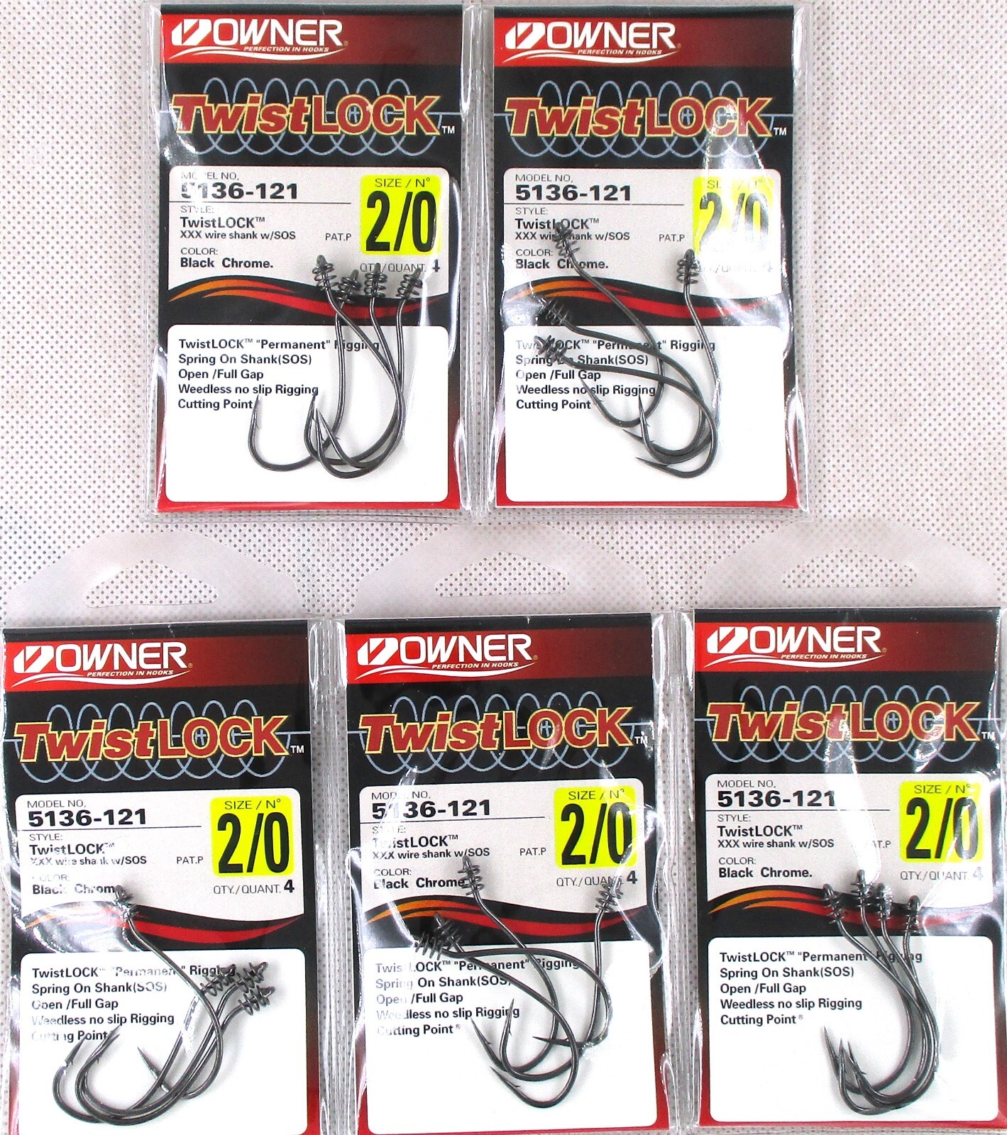 (5) Packs Owner Twistlock Hooks Size 2/0 Black Chrome Hook 5136-121 Brand New