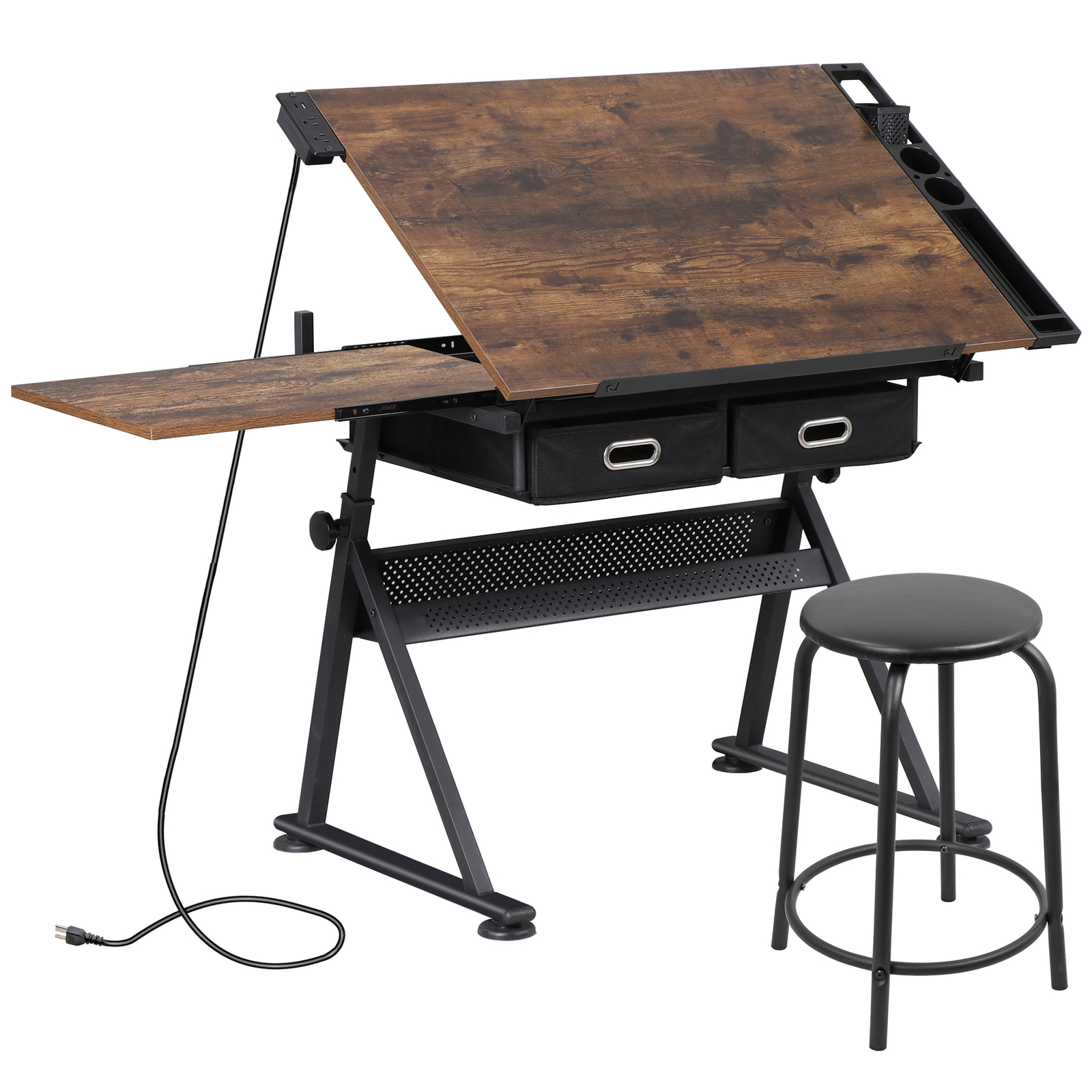 Adjustable Drawing Writing Table Stool w/ 2 Drawers for Artwork Art Desk Retro