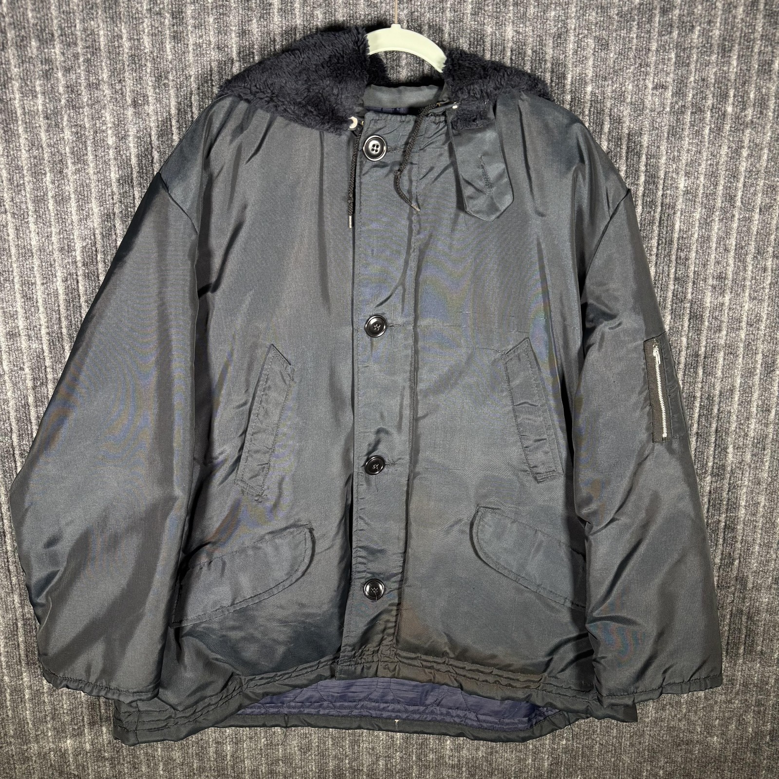 Vintage Navy Flight Jacket Full Zip Bomber WPL 10881 Mens XL Blue Nylon Hooded