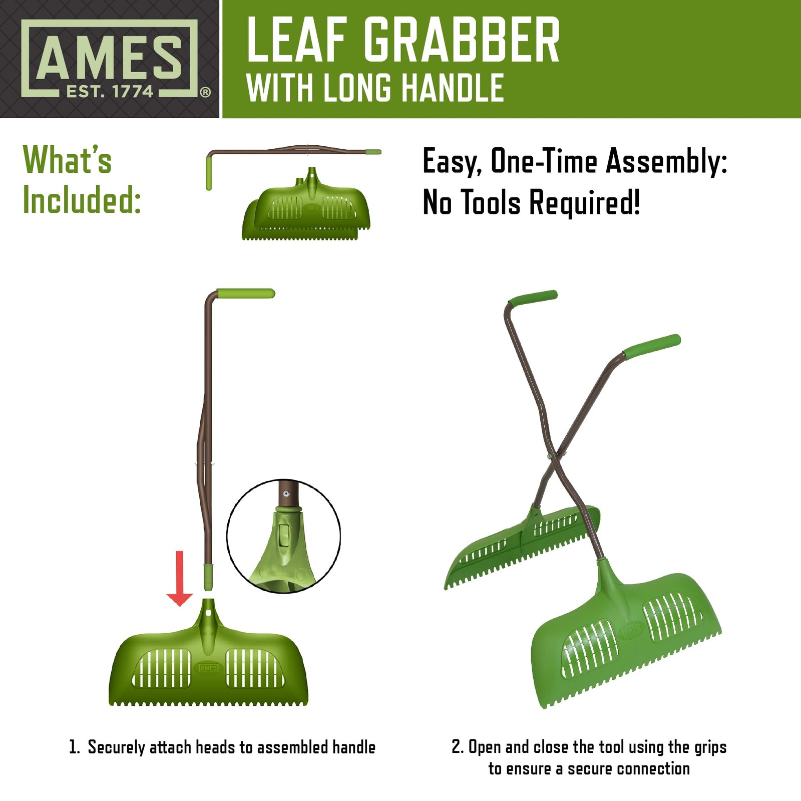 AMES Leaf Grabber Rake with Long Handle & Cushioned Grip for Leaves, Lawn Cli...