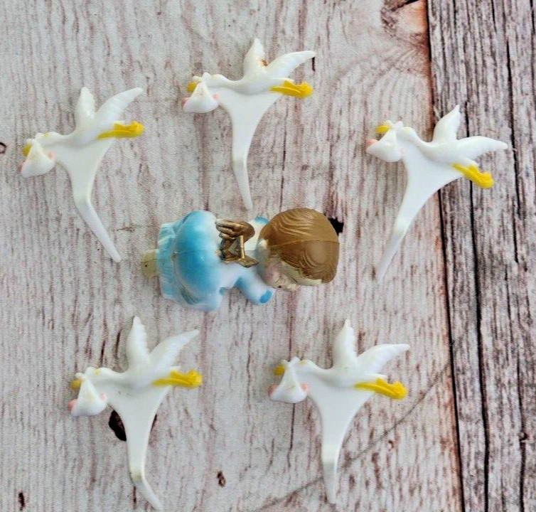 Vintage Cake Toppers Baby Boy and 5 Storks