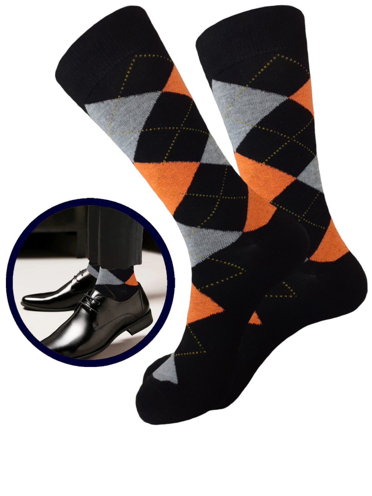 1-3-6-12 PAIR MENS DRESS SOCKS BLACK ORANGE DIAMOND ARGYLE COTTON SOCKS 10-13