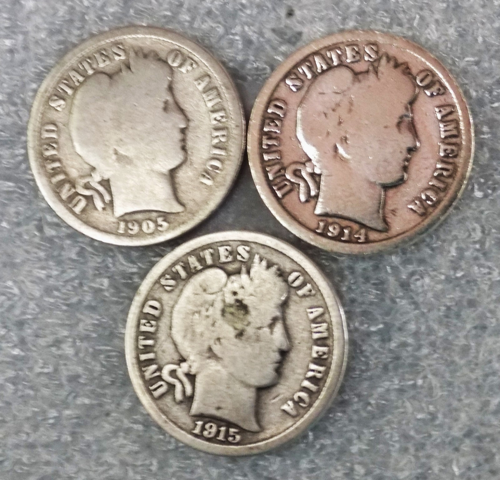 (Lot Of 3) BARBER SILVER DIMES ~ 90% Silver Coins ~ 1905-S, 1914-D, 1915-P NICE*