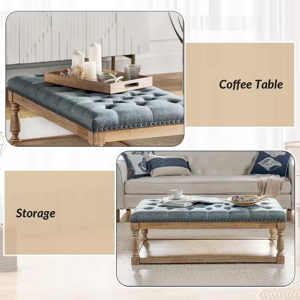 Jakob Blue Upholstered Storage Ottoman with Solid Wood Legs