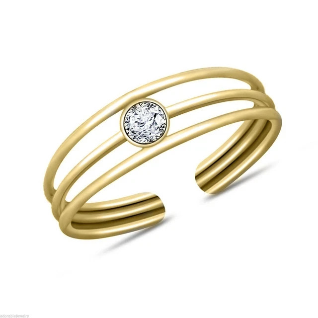 14K Yellow Gold Finish Round Cut Simulated Diamond 3-Line Solitaire Toe Ring