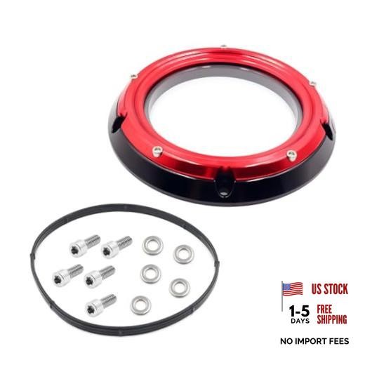 Transparent Derby Cover—New Hardware Kit Included for Harley—Black & Red