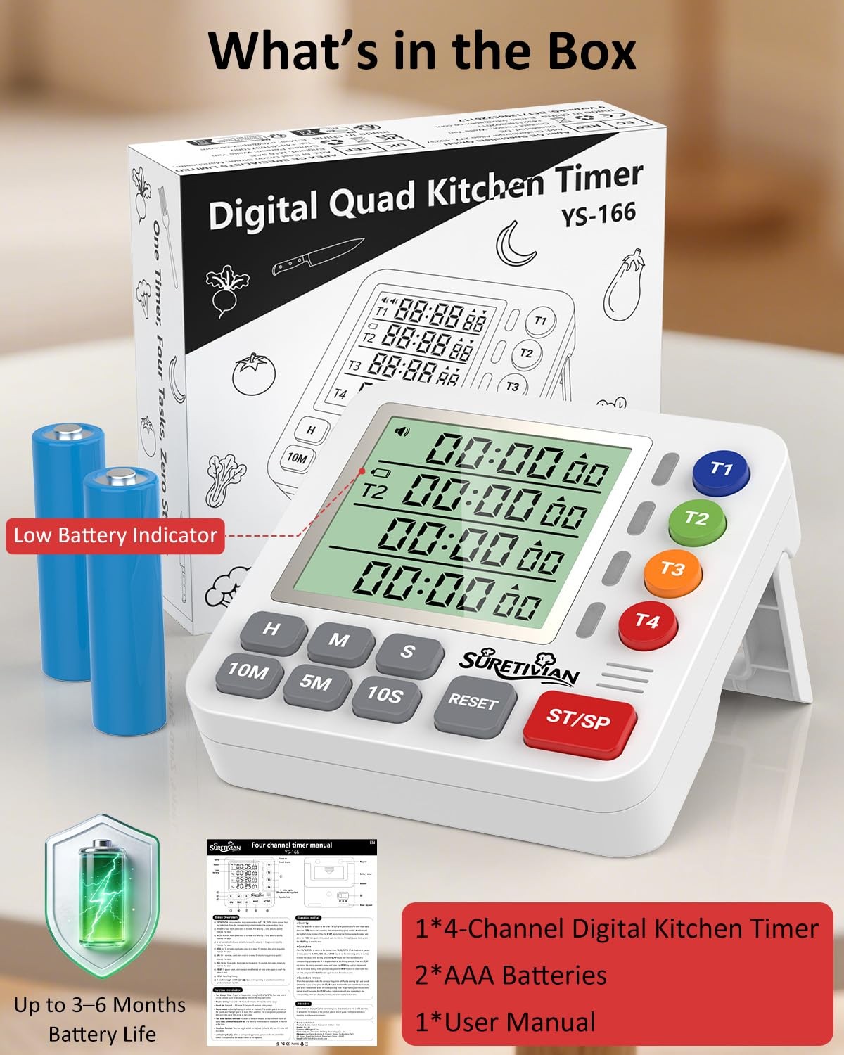 Digital Kitchen Timer for Cooking - 4 Channel Count Up Countdown Timer with L...
