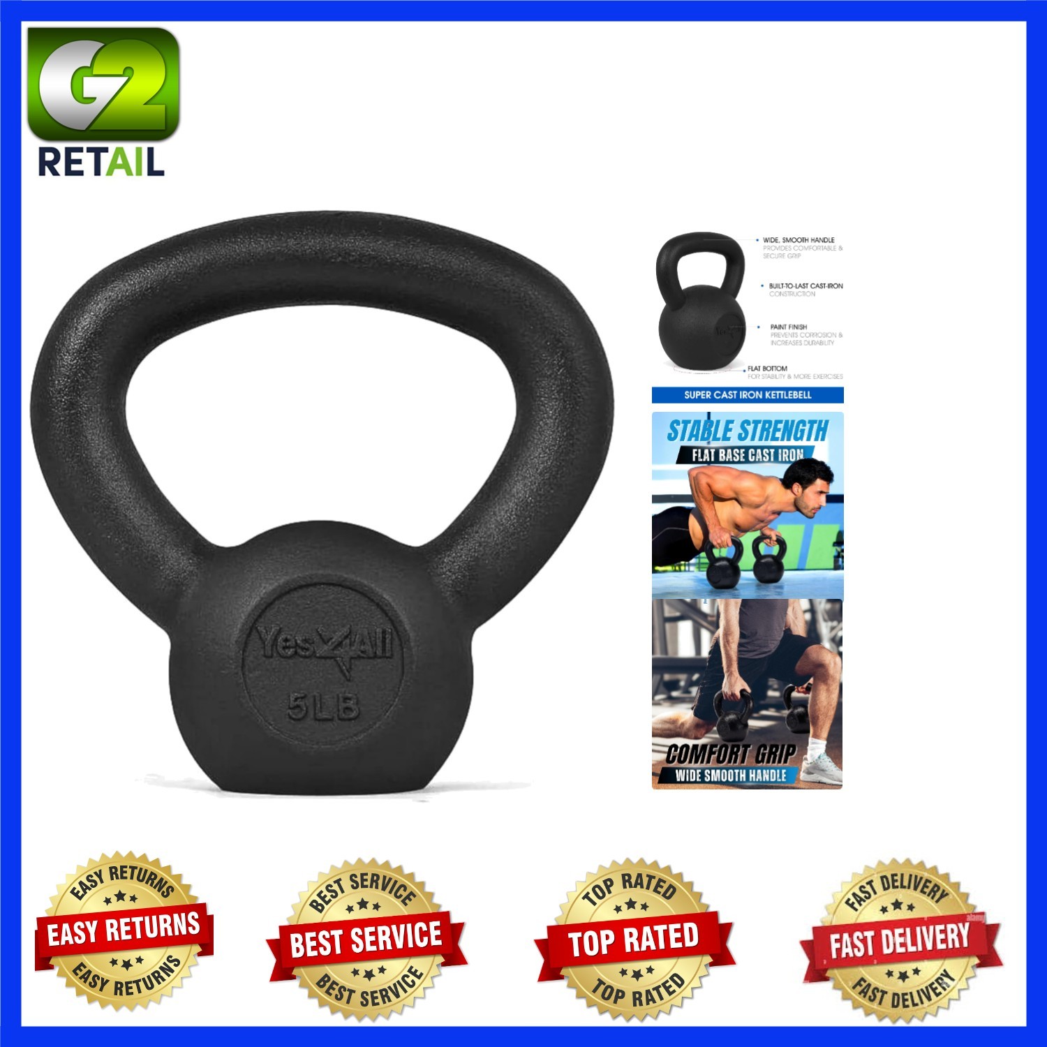 5 LB Solid Cast Iron Kettlebell - High-Quality Weight for Full Body Workout