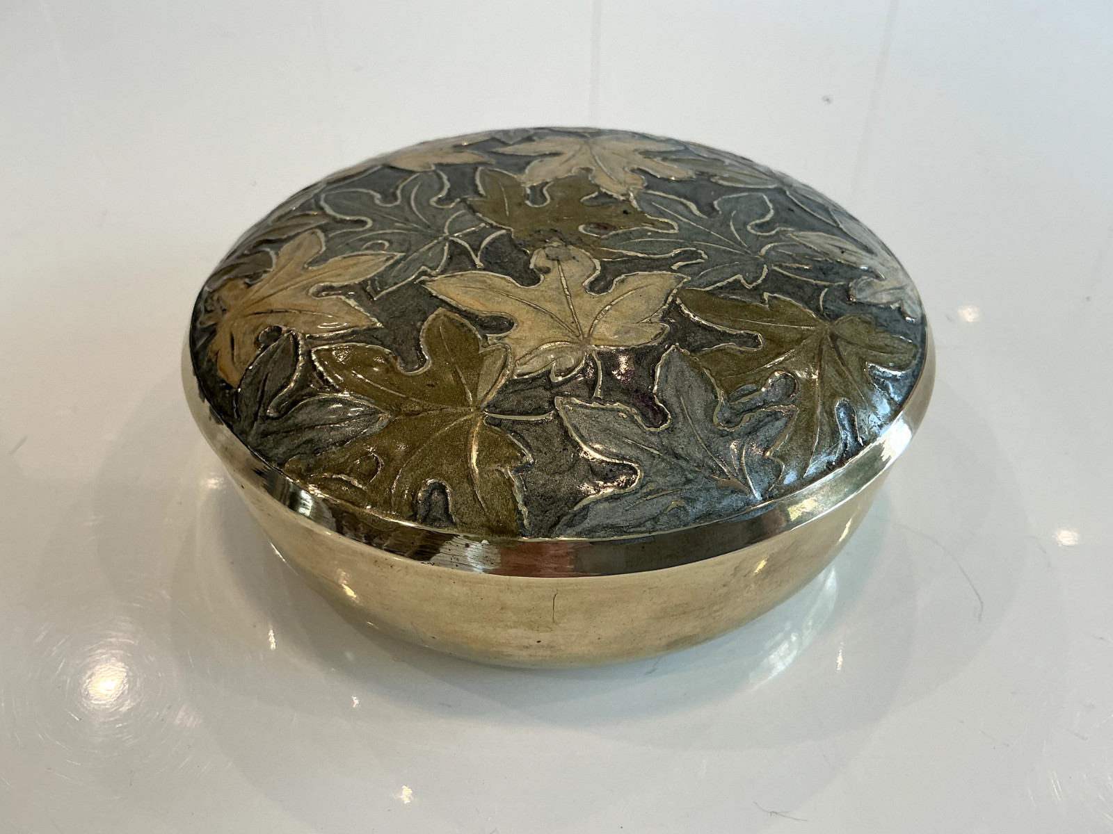 Vintage Brass Enamel Leaf Trinket Box, 5.25" Dia. 2"H
