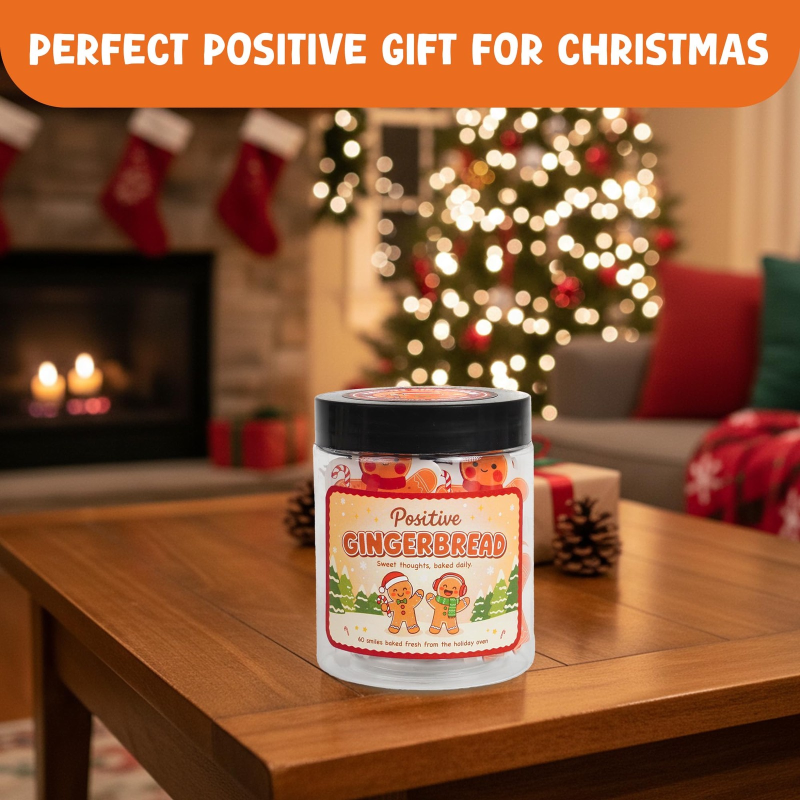 Positive Gingerbread Jar with 60 Affirmation Card, Christmas