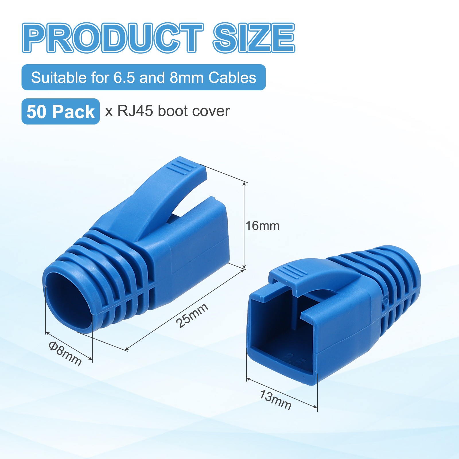 50 Pack Boot Cover, Cat6A Cat7/7A 8mm (Blue)