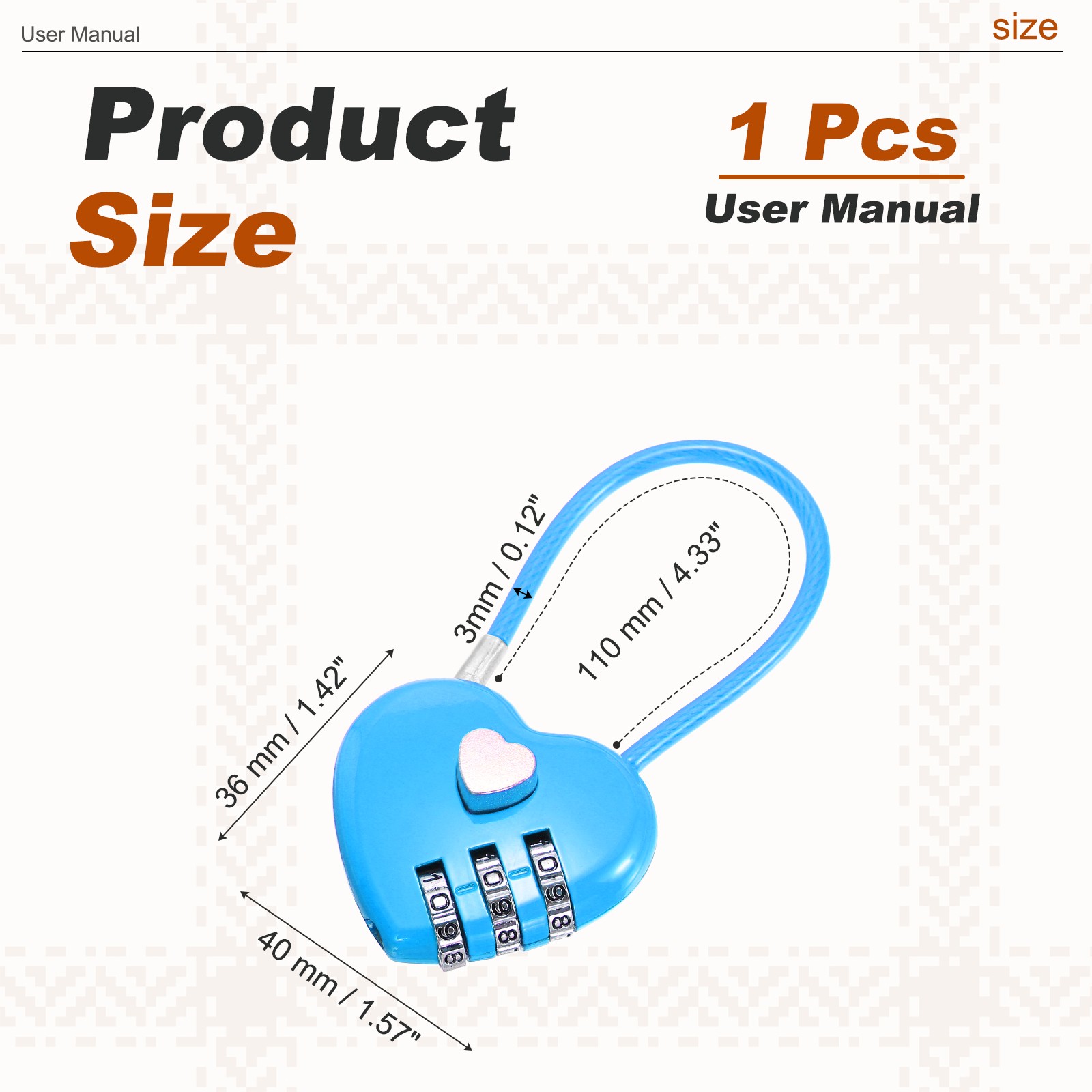 Combination Padlock (4.3 Inch, Blue), 3-Digit Heart Shaped Combo Padlock