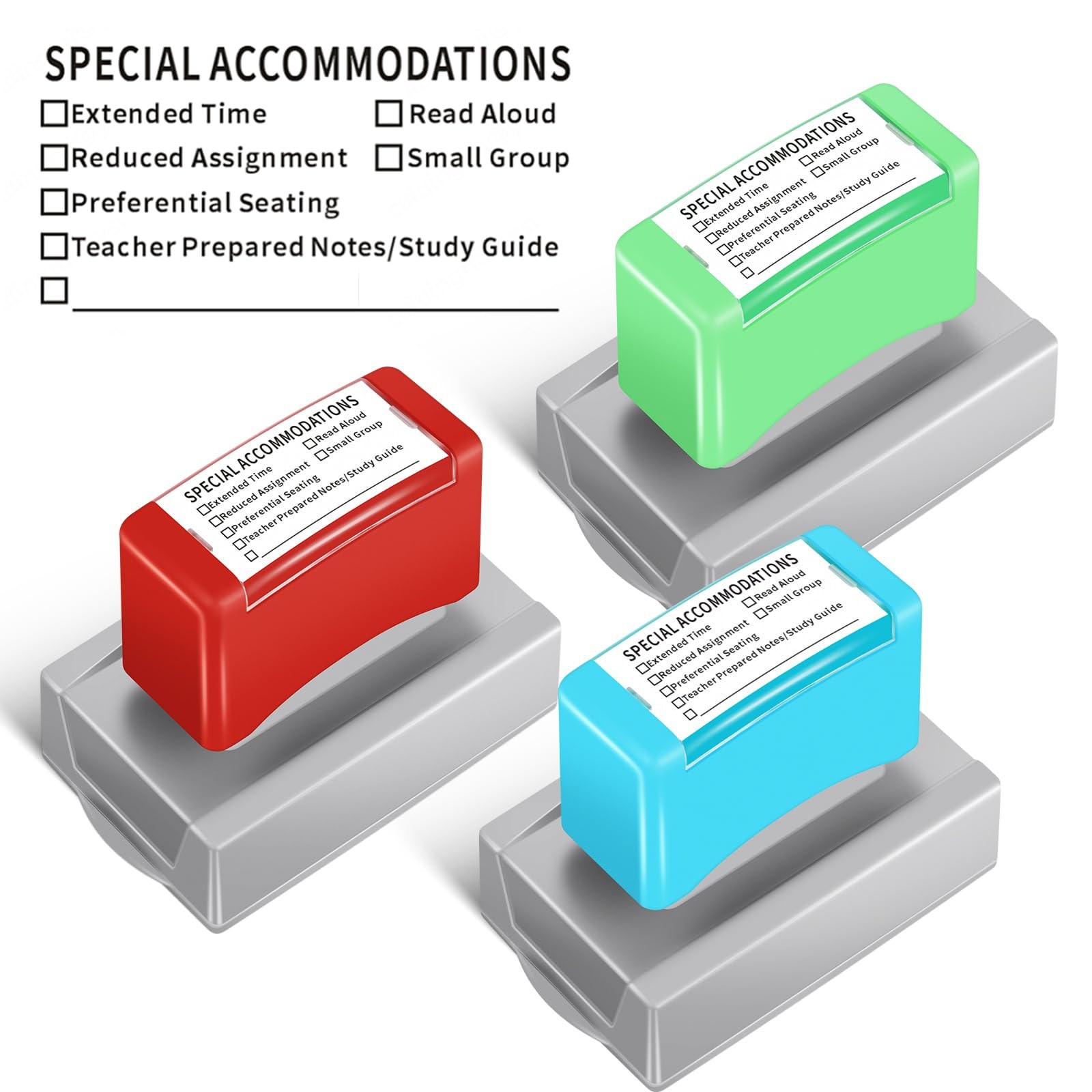 Teacher Stamp Set 3 PCS Self Inking Special Accommodations SPED Rubber Red Blue