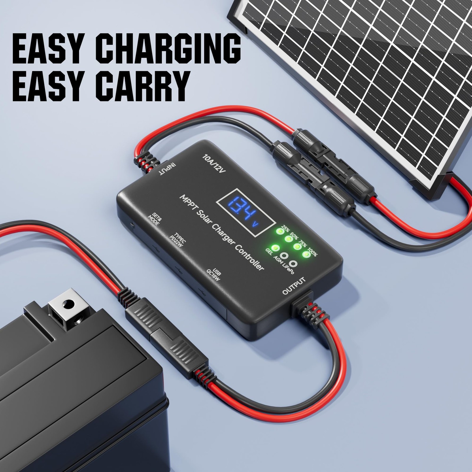 MPPT Solar Charge Controller 12V 10A, Solar Panel Charge Controller with Type...
